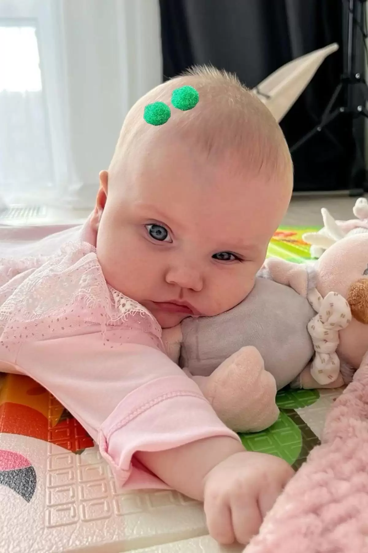 2li Yeşil Renk Ponponlu Saçsız Bebek Tokası