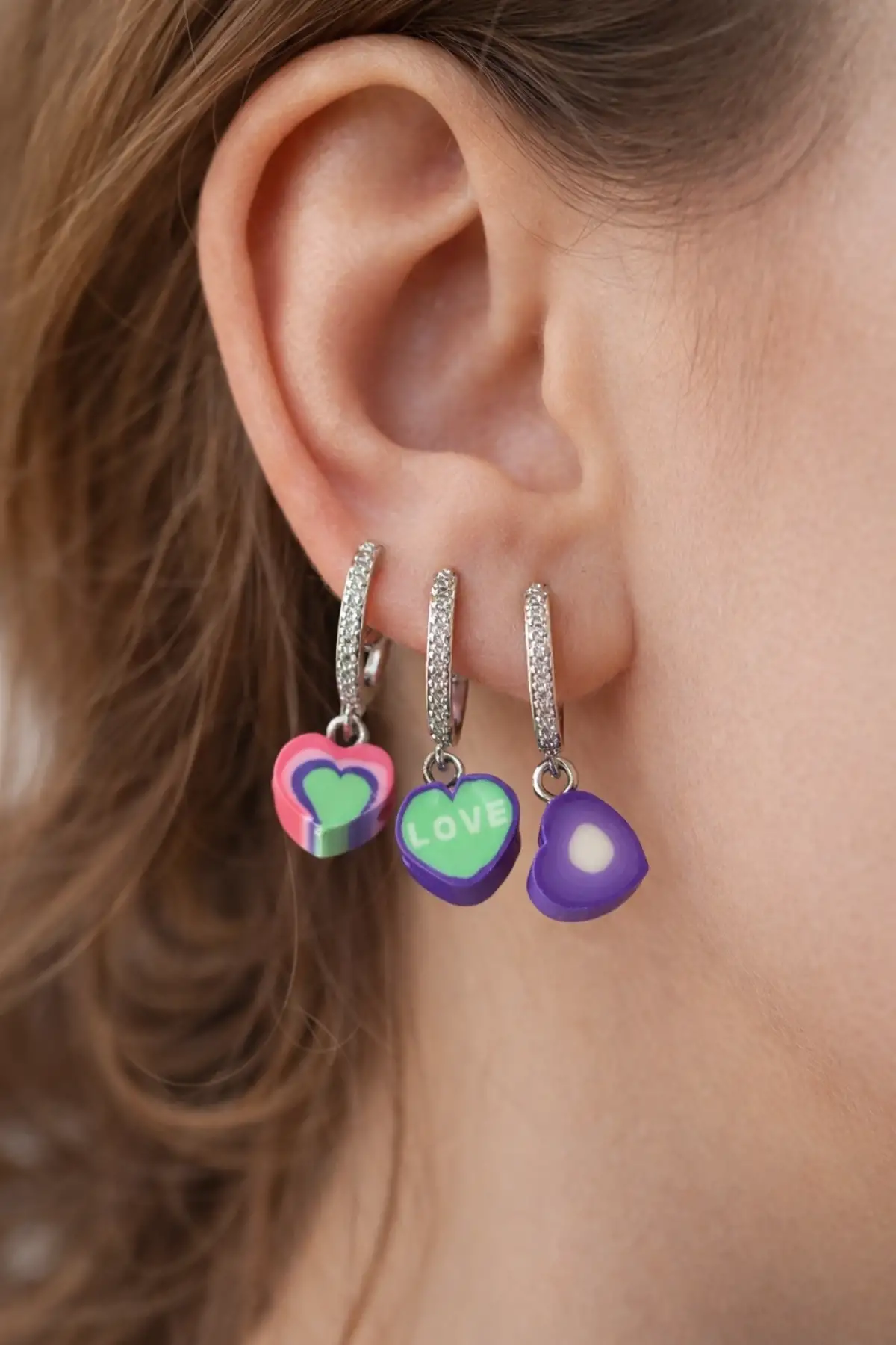 3lü Gümüş Renk Kalp Figürlü 14K Altın Kaplama TX Küpe