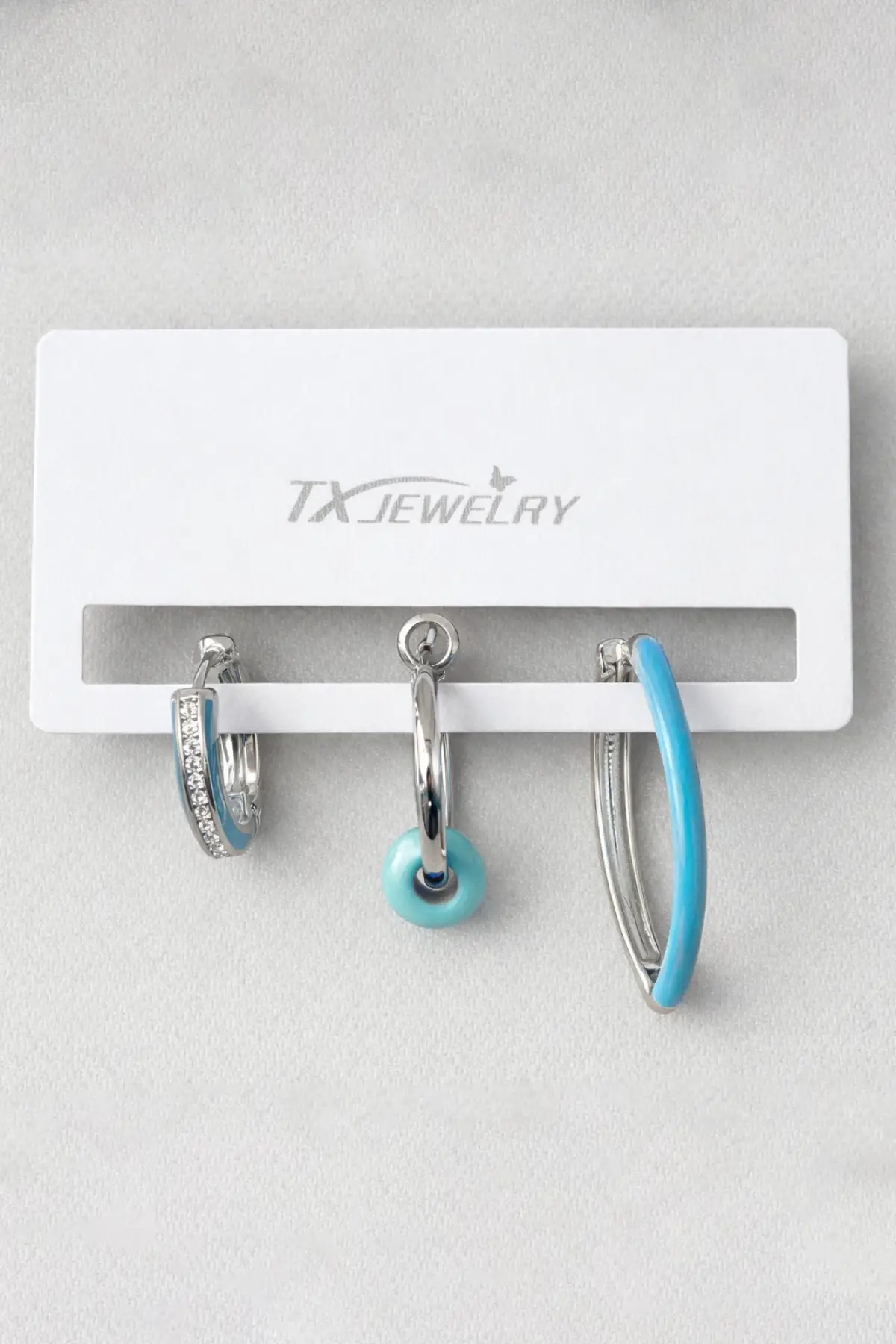 3lü Gümüş Renk Mavi Taş Detaylı 14K Altın Kaplama TX Küpe