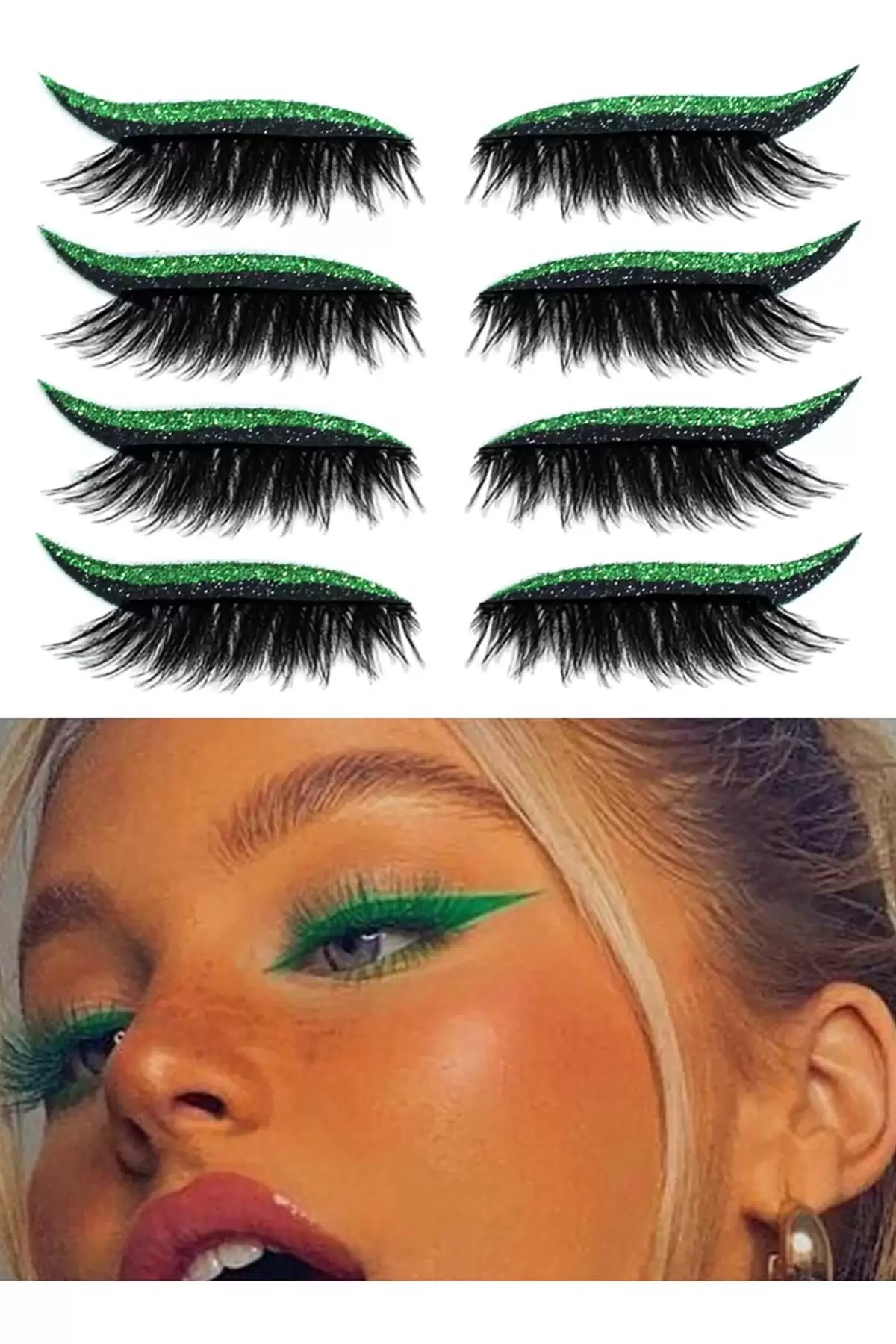 4 Çift Yeşil Renk Simli eyeliner ve Kirpik Çıkartmaları Görünmez Bant Kendinden Yapışkanlı