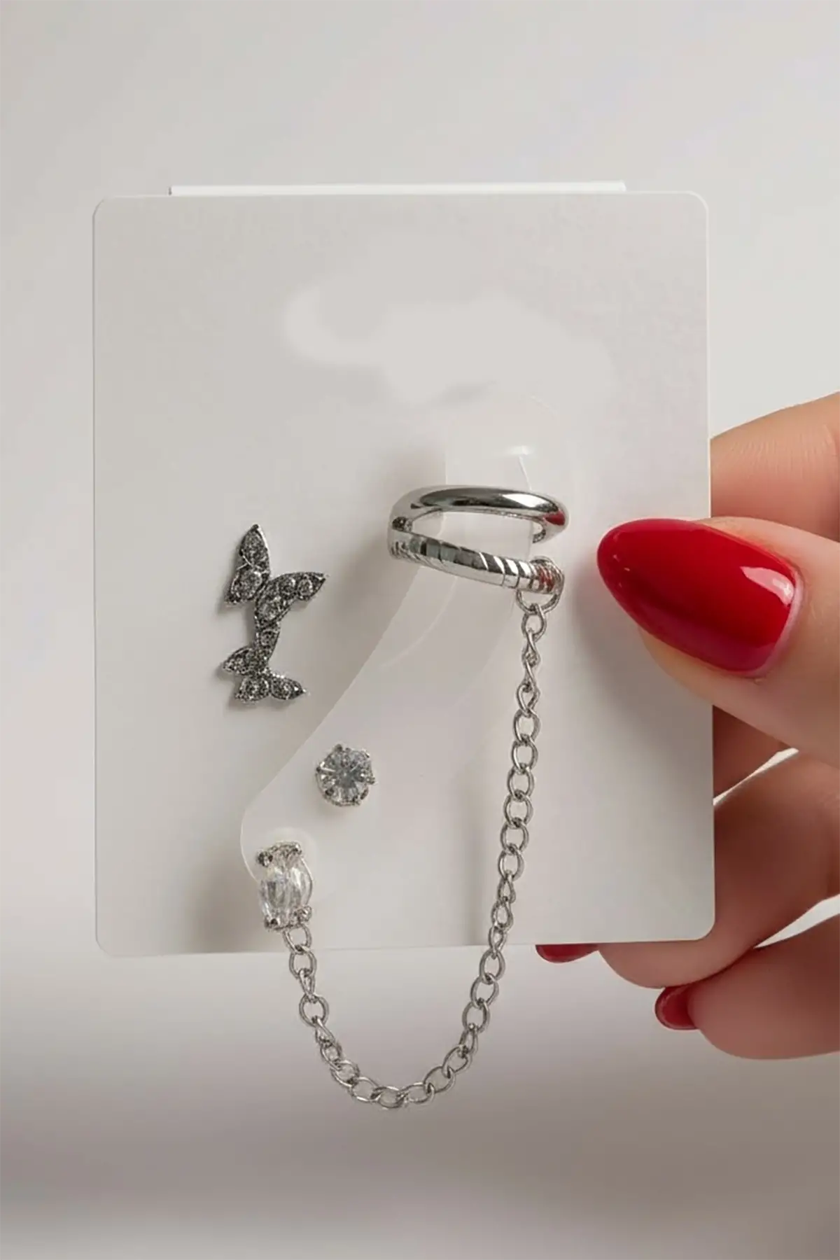 4lü Gümüş Renk Kelebek Figürlü Taş Detaylı Küpe Set