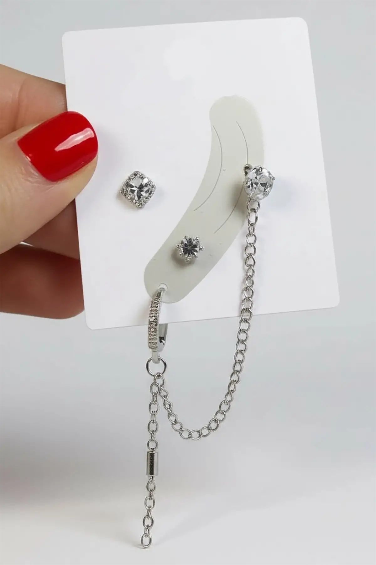 4lü Gümüş Renk Taş Detaylı Küpe Set