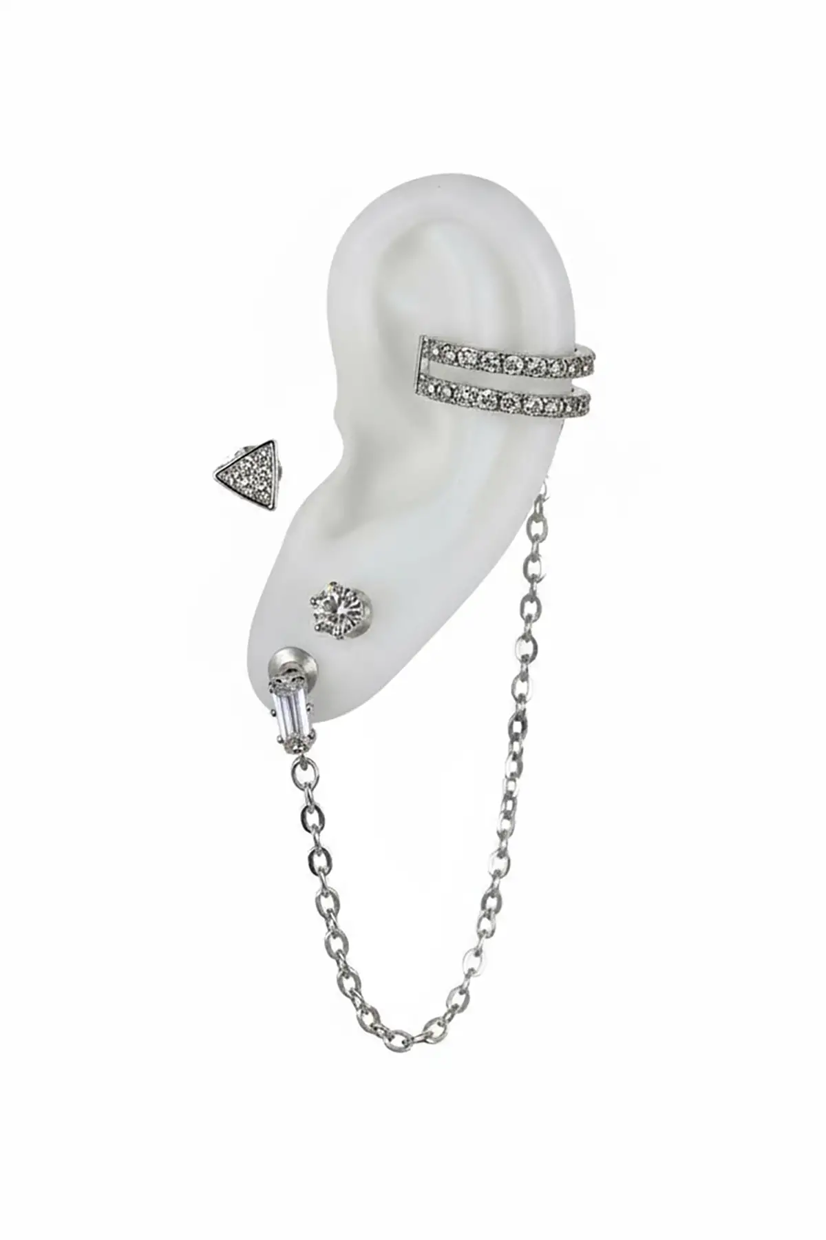 4lü Gümüş Renk Taş Detaylı Küpe Set