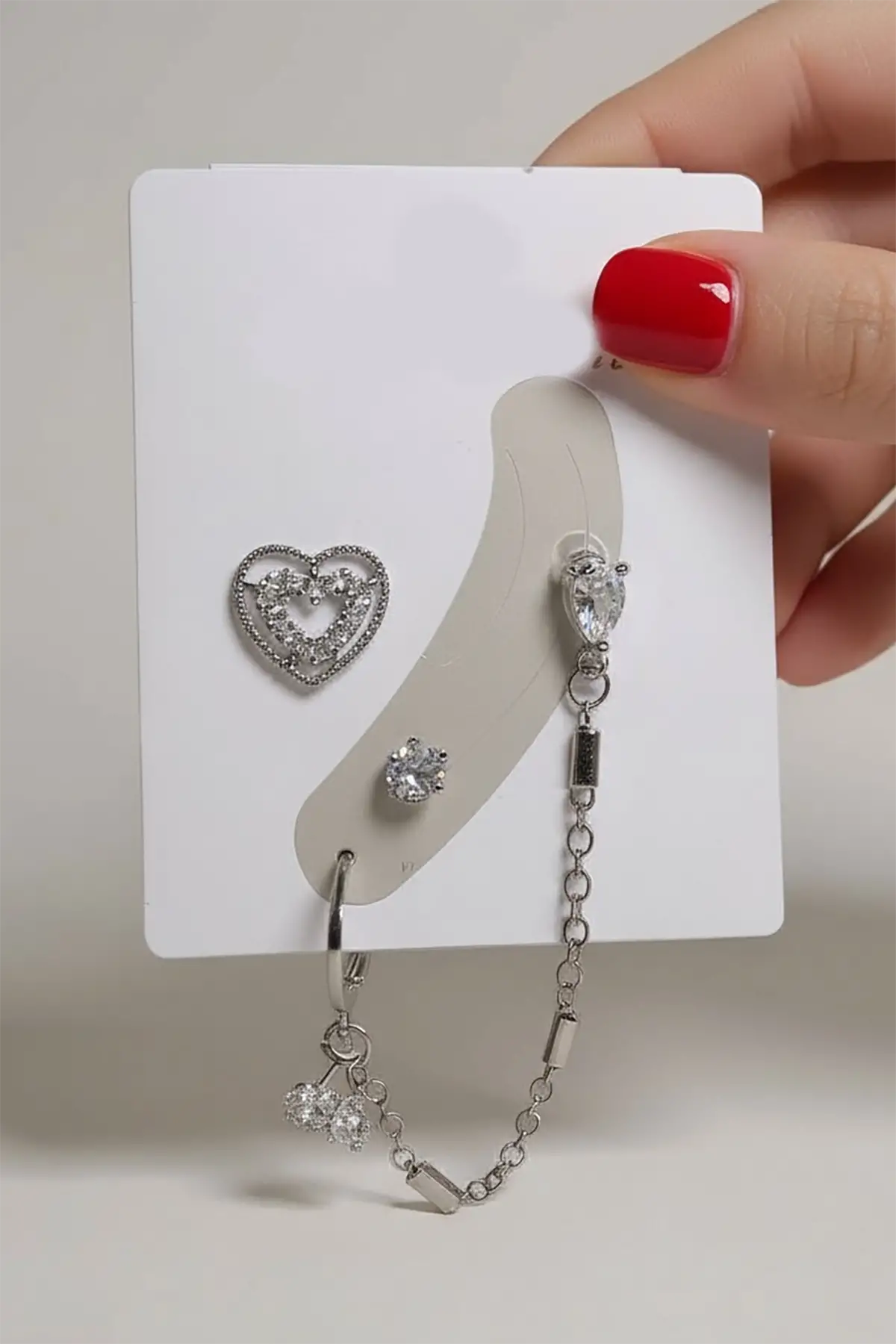 4lü Gümüş Renk Taş Detaylı Küpe Set