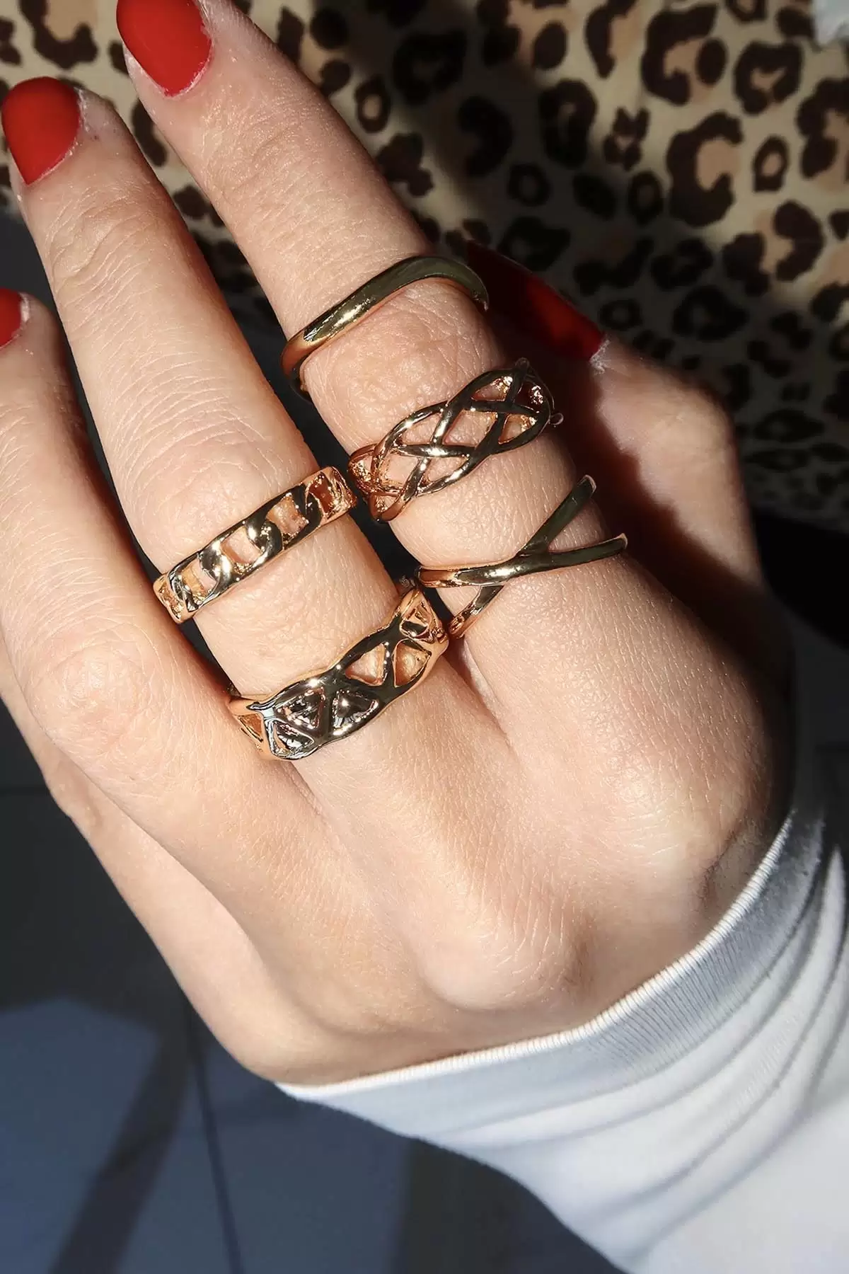 5li Altın Renk Karışık Figürlü Ayarlanabilir Yüzük Set