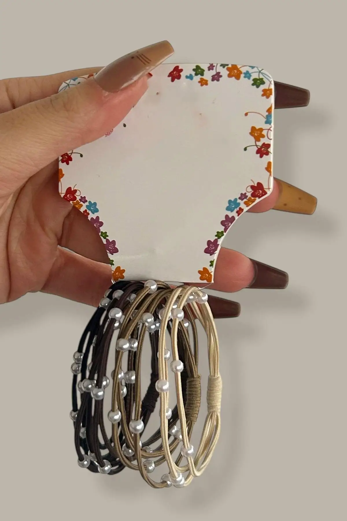 5li Karışık Renk İnci Detaylı Lastik Toka Set