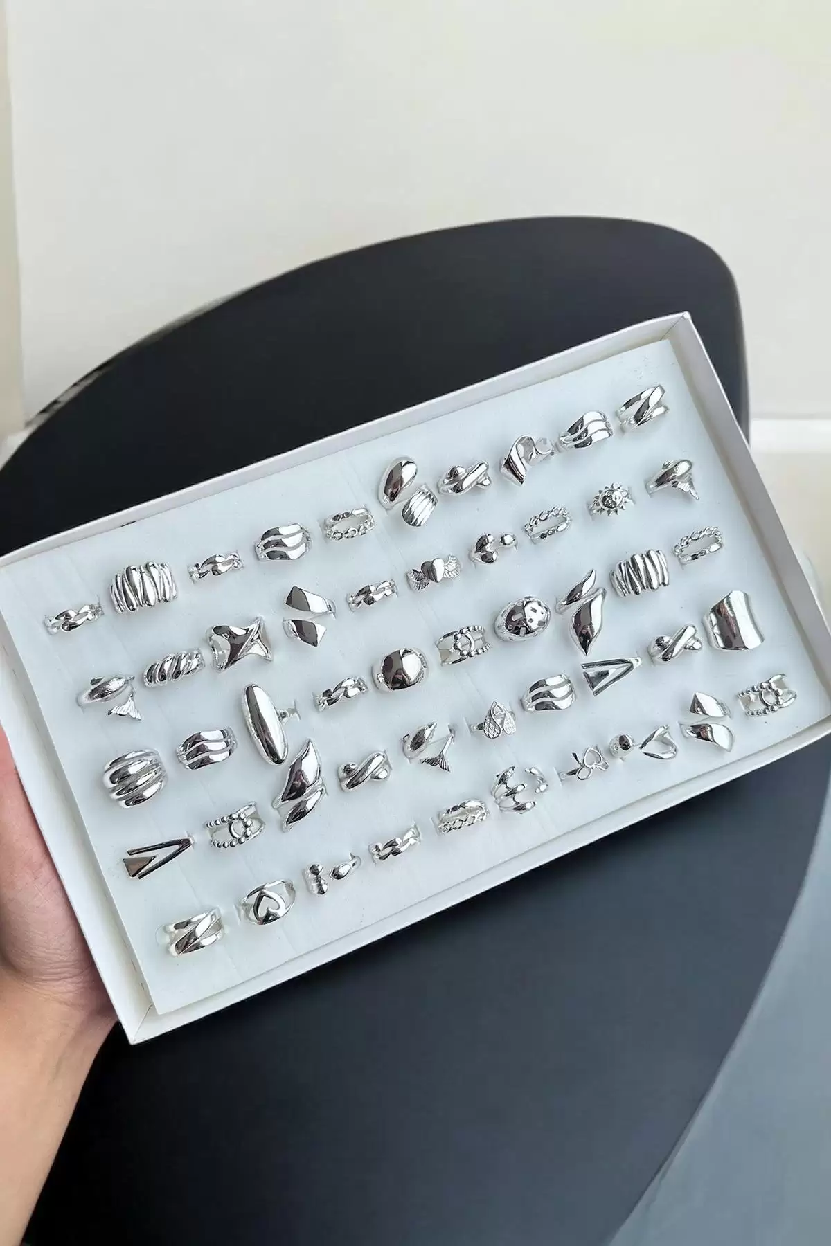 50li Gümüş Renk Karışık Figürlü Ayarlanabilir Yüzük Set