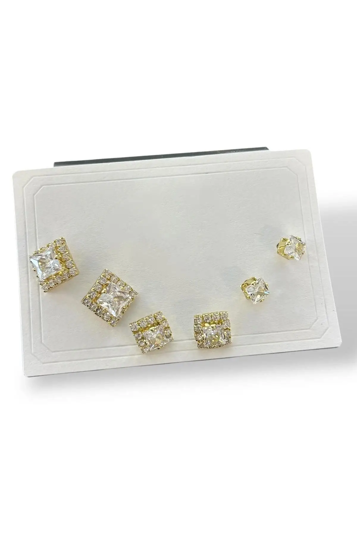 6lı Altın Renk Taş Detaylı 14k Altın Kaplama Küpe Set