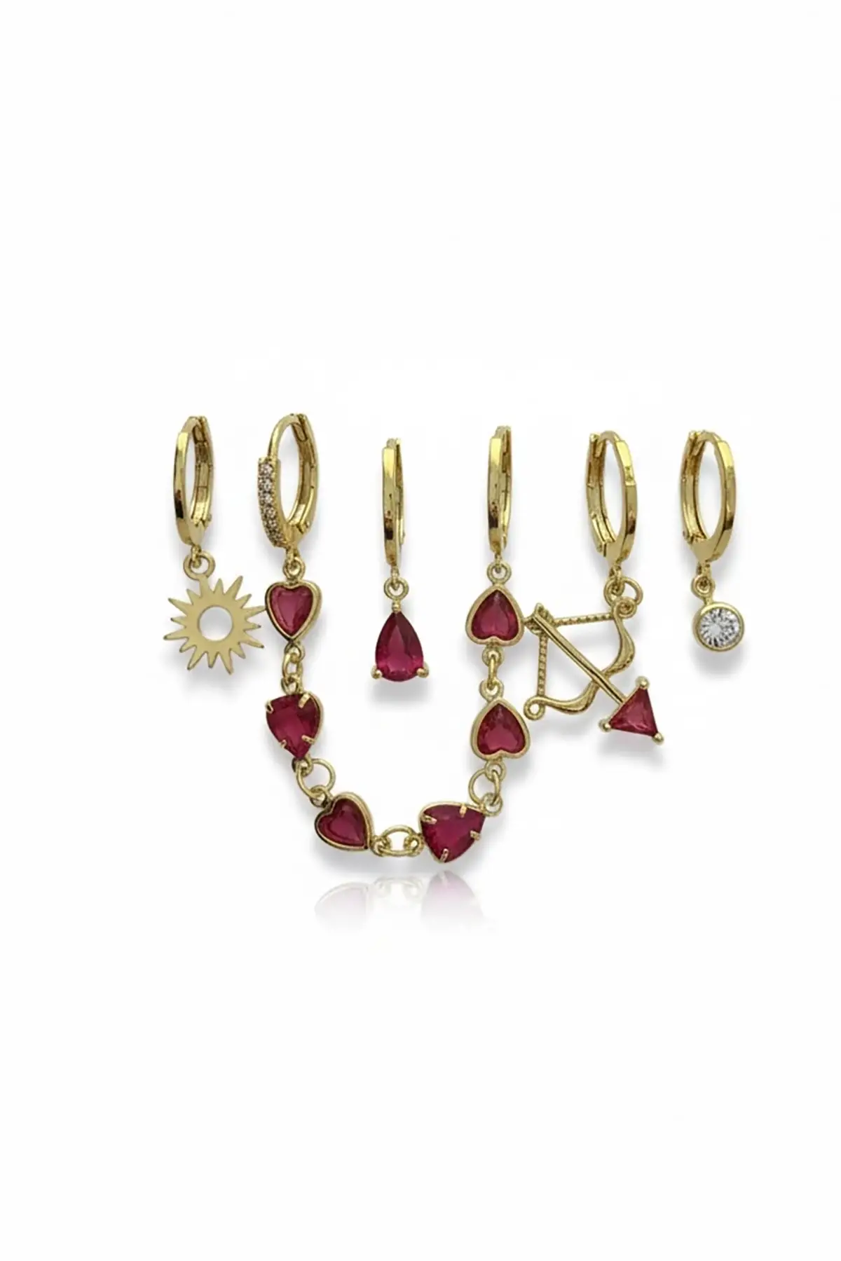 6lı Altın Renk Taş Detaylı Küpe Set