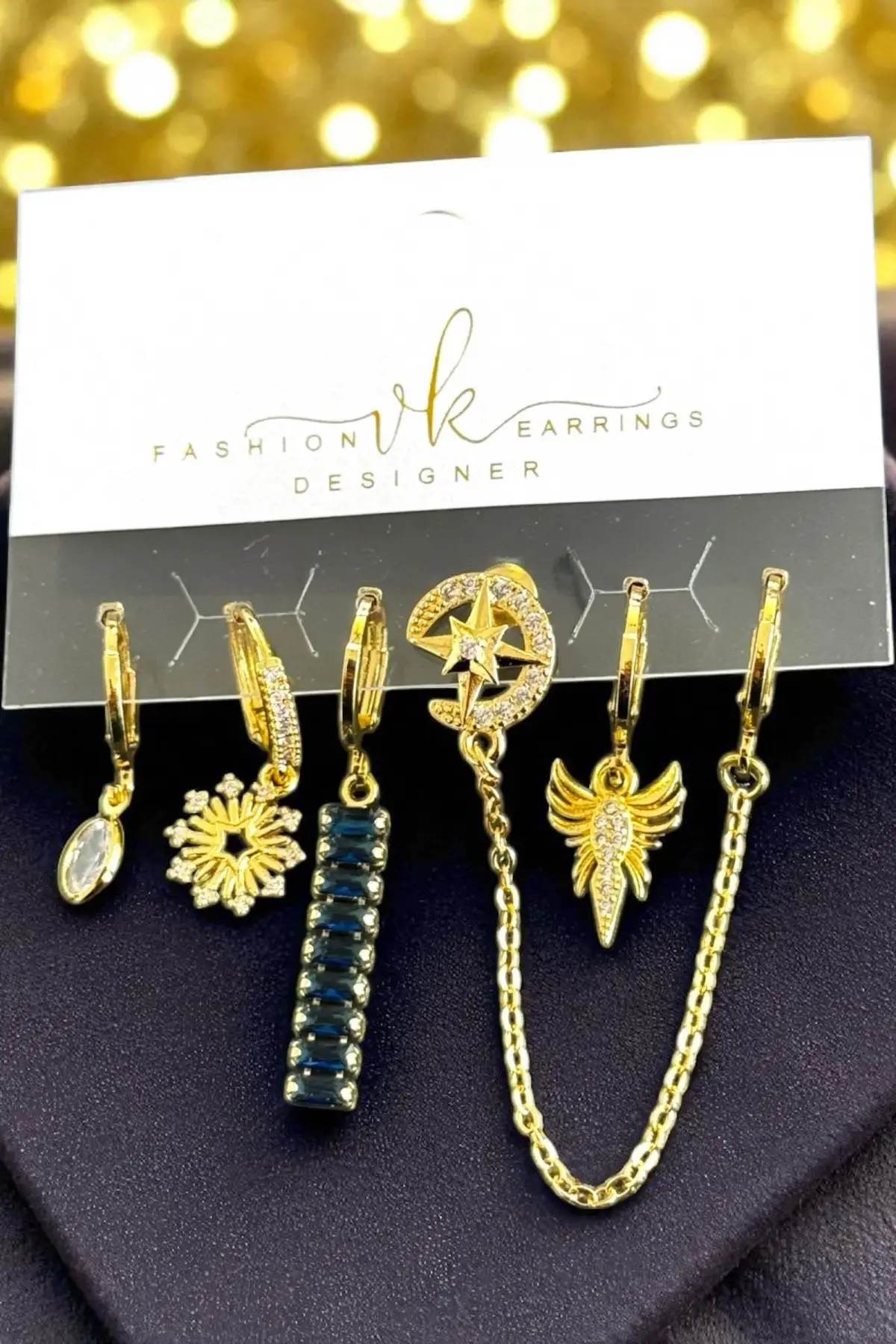 6lı Altın Renk Taş Detaylı Küpe Set
