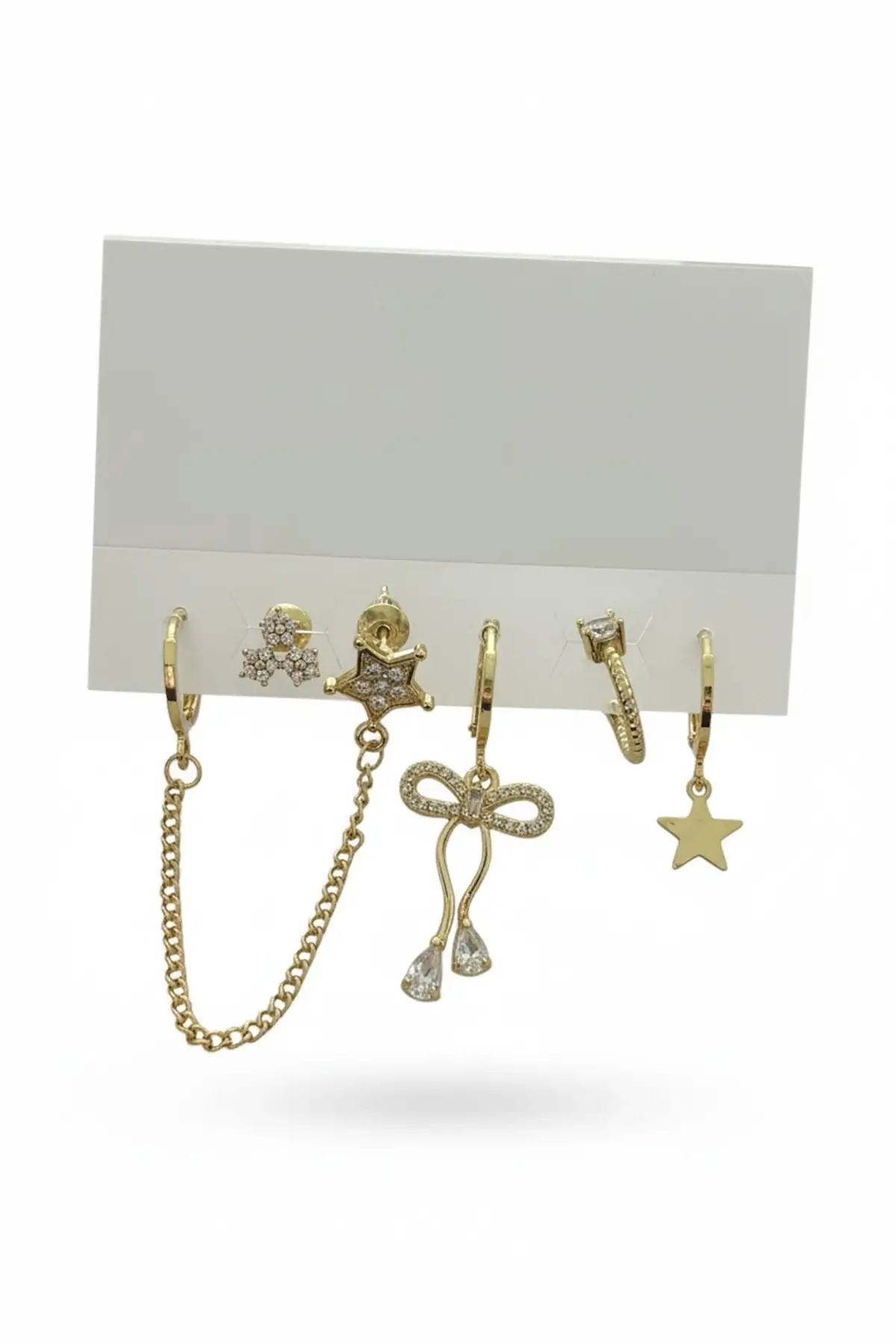 6lı Altın Renk Taş Detaylı Küpe Set