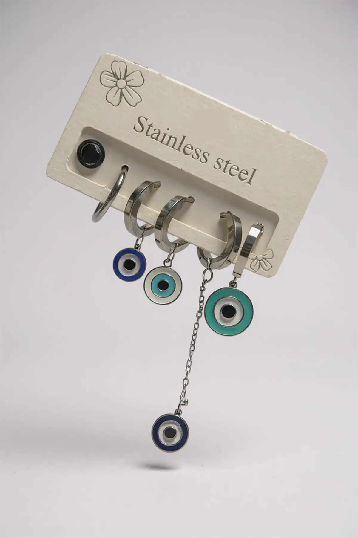 6lı Gümüş Renk Nazar Boncuk Figürlü Çelik Halka Küpe Set