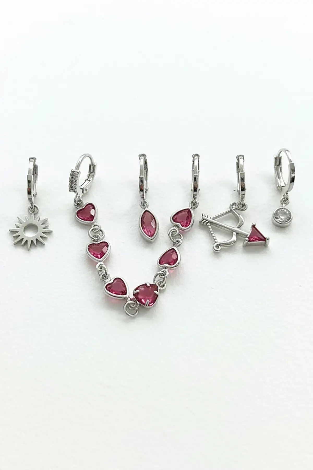 6lı Gümüş Renk Taş Detaylı Küpe Set