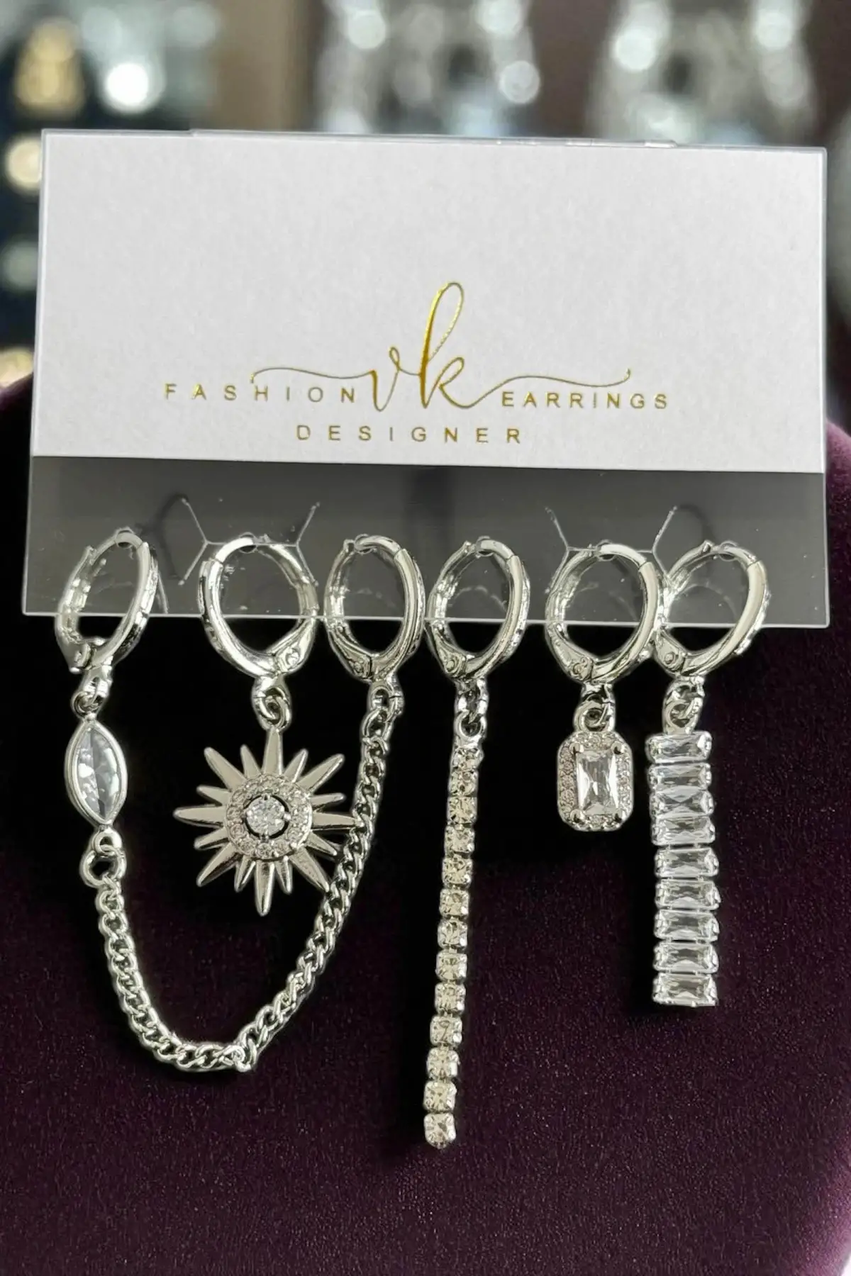 6lı Gümüş Renk Taş Detaylı Küpe Set