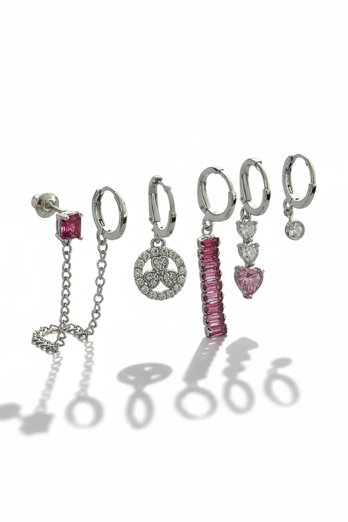 6lı Gümüş Renk Taş Detaylı Küpe Set