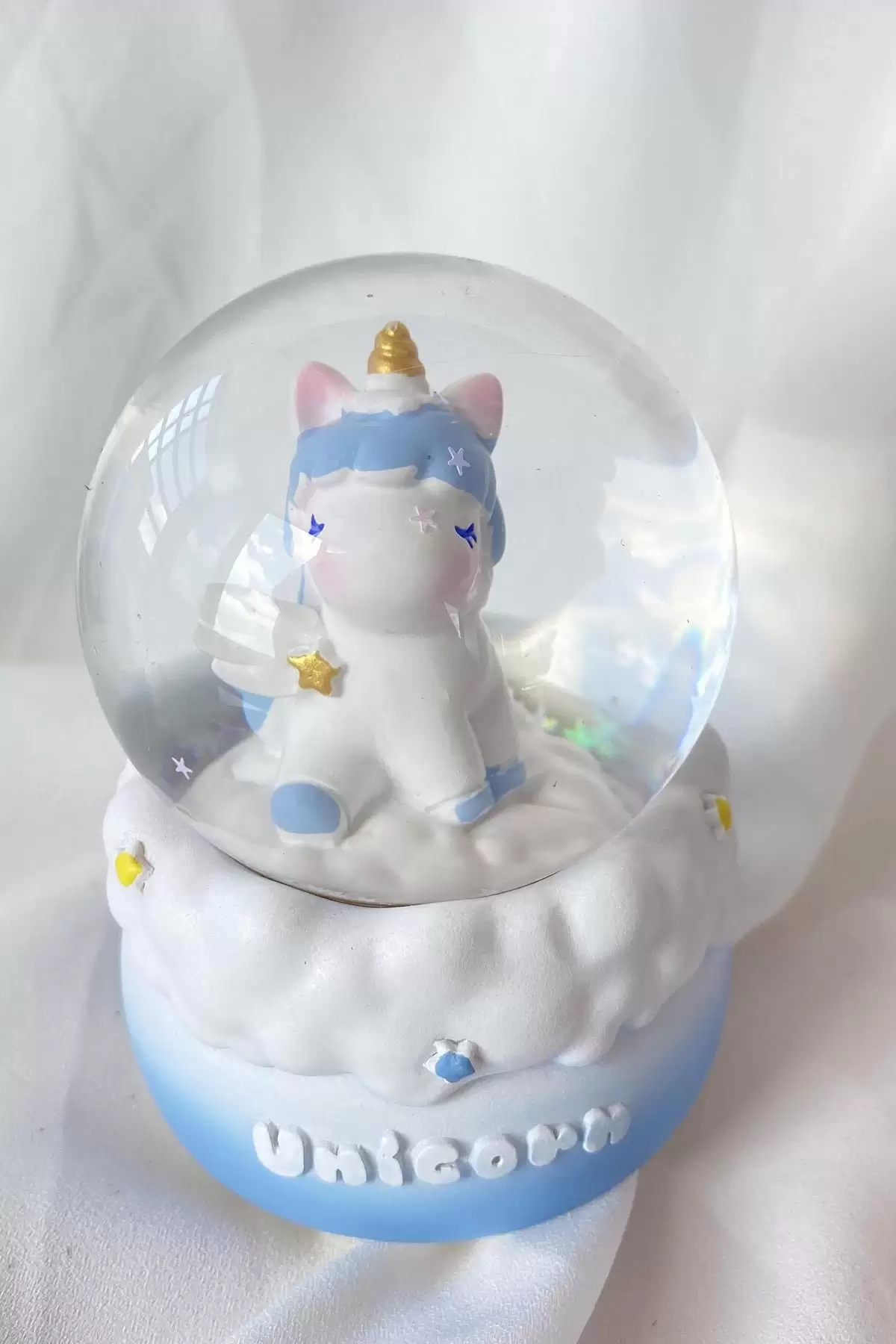 Açık Mavi Renk Unicorn Figürlü Mini Boy Işıklı Kar Küresi