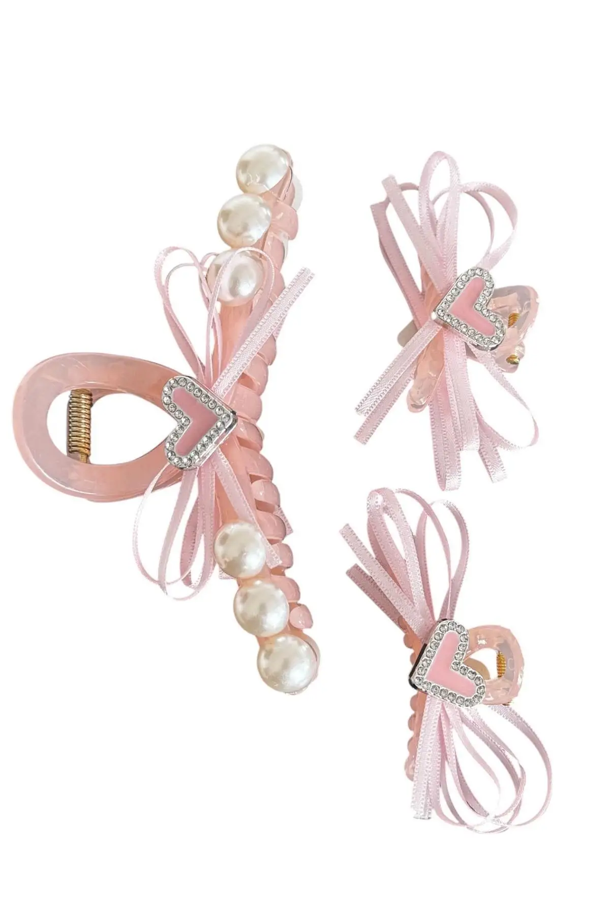 Açık Pembe Renk Kalp Figürlü İnci Detaylı 3lü Mandal Toka Set