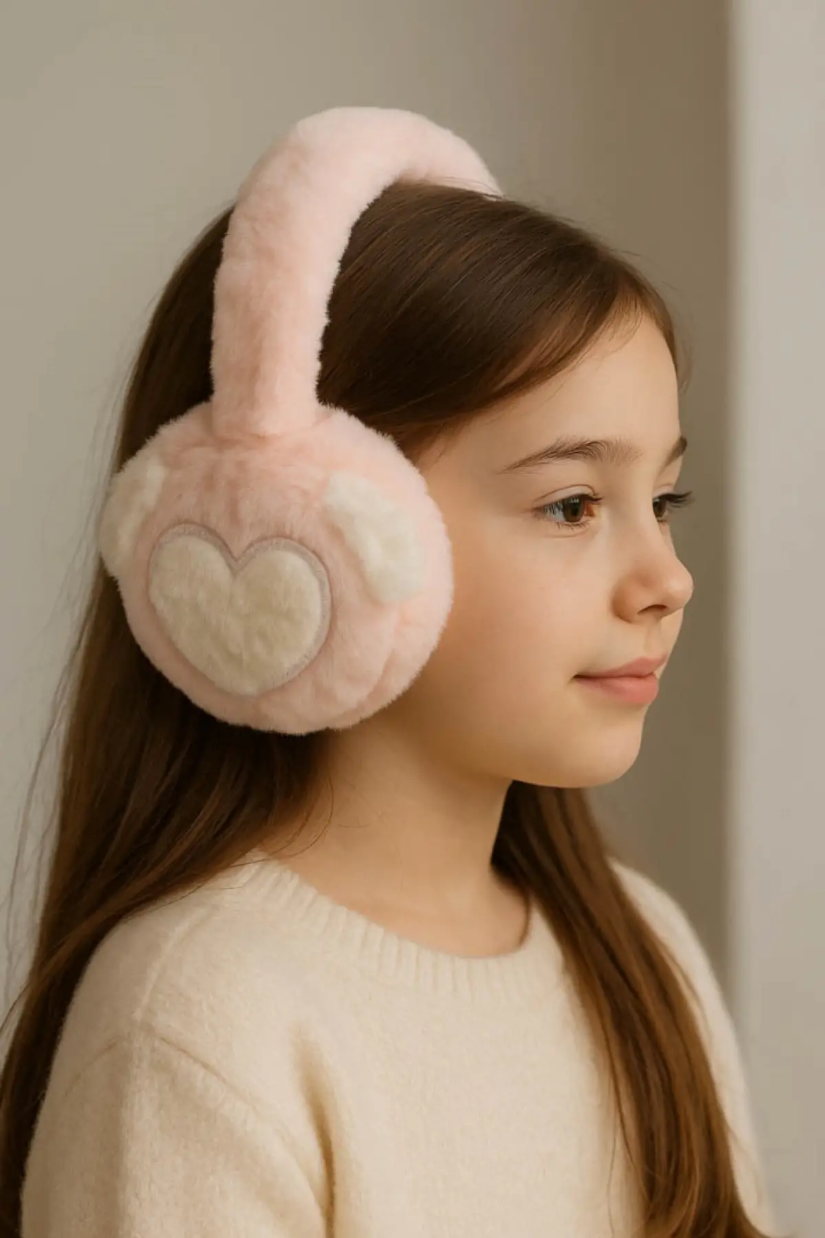Açık Pembe Renk Kalp Figürlü Peluş Kulaklık