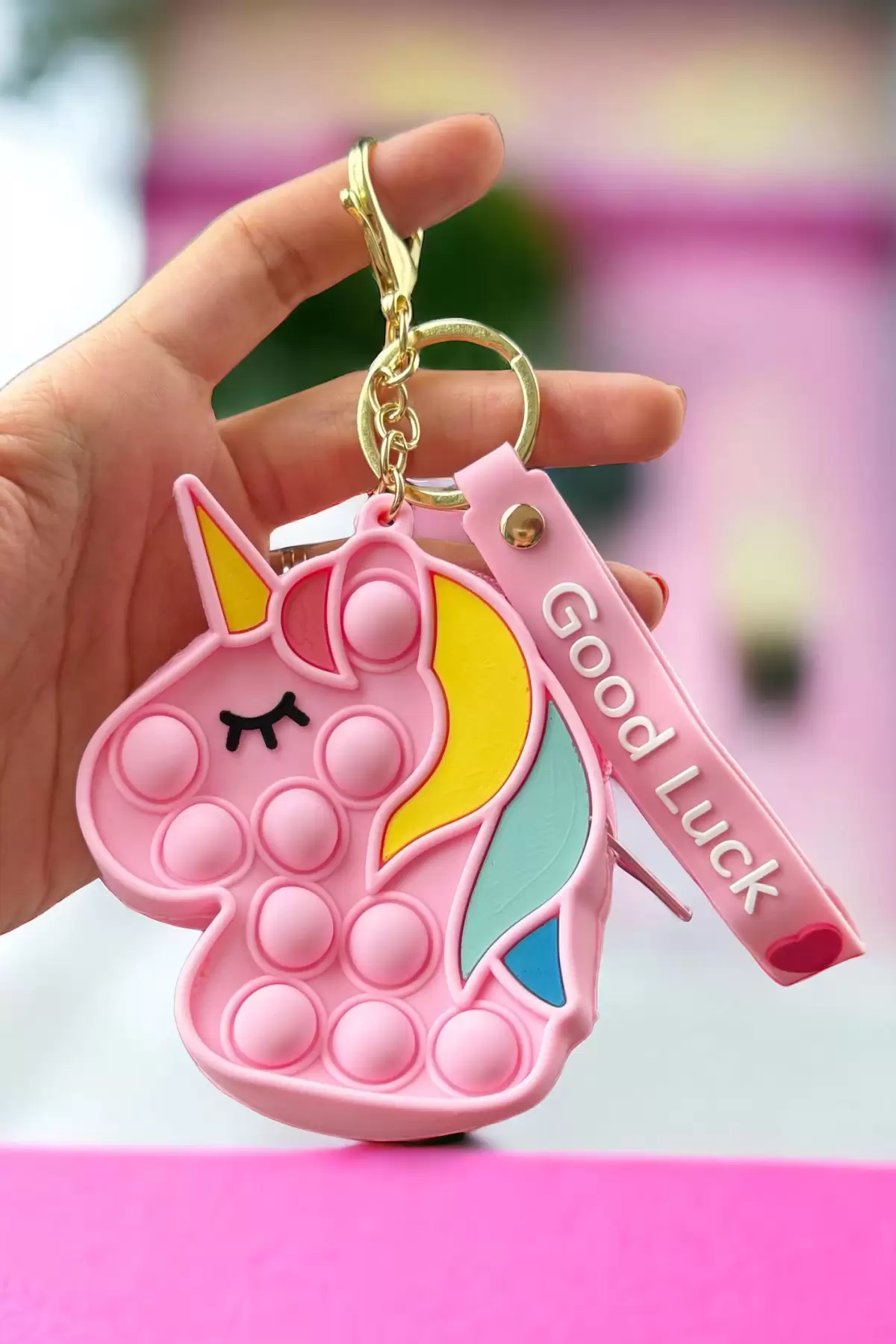 Açık Pembe Renk Unicorn Figürlü Pop İt Anahtarlık/Cüzdan