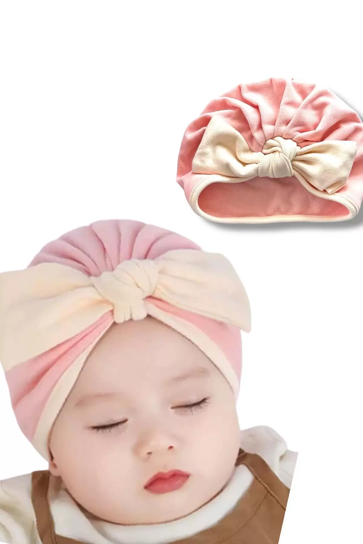 Açık Pembe Ve Krem Renk Kurdele Figürlü Bebek Saç Bonesi