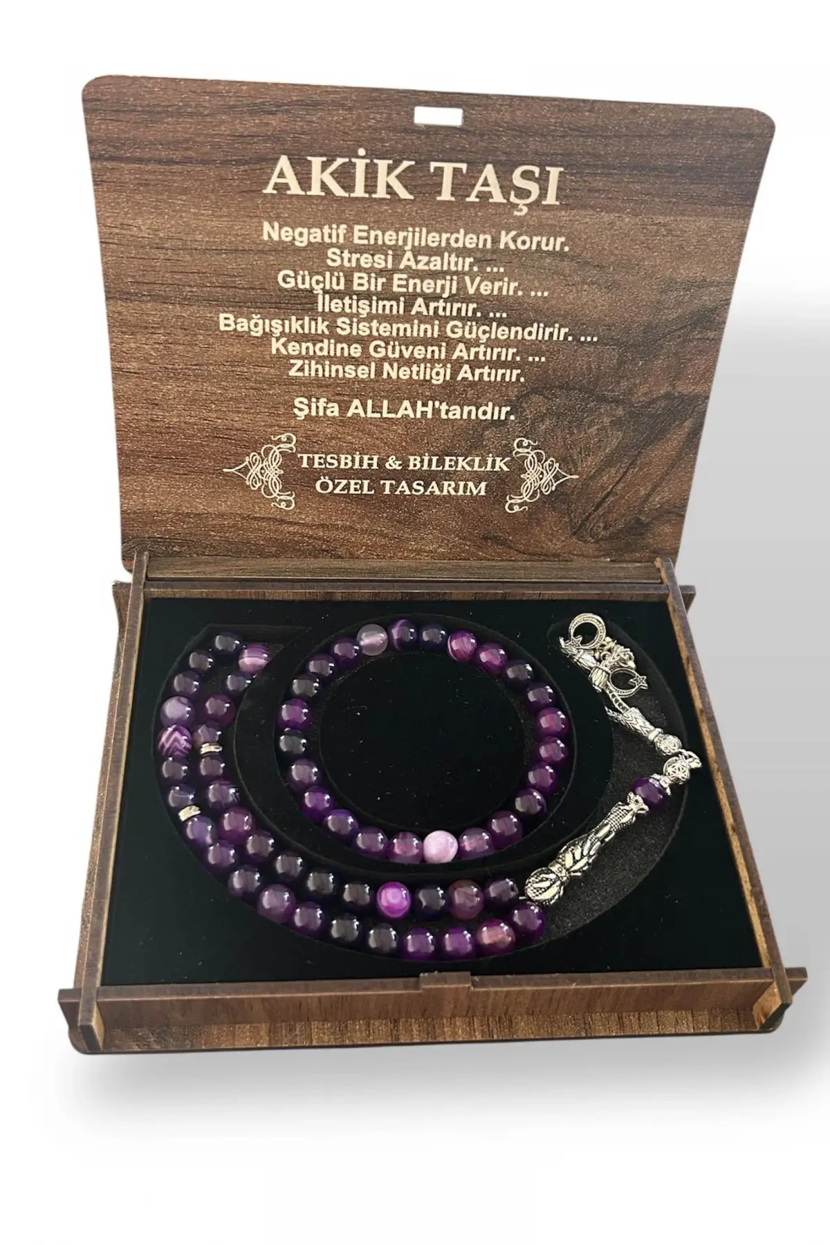 Ahşap Kutuda Akik Taşı Seti Tesbih / Bileklik