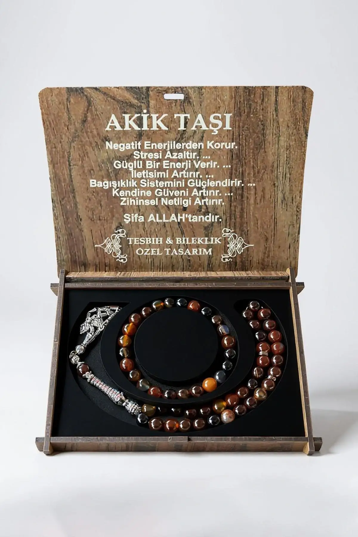 Ahşap Kutuda Akik Taşı Seti Tesbih / Bileklik