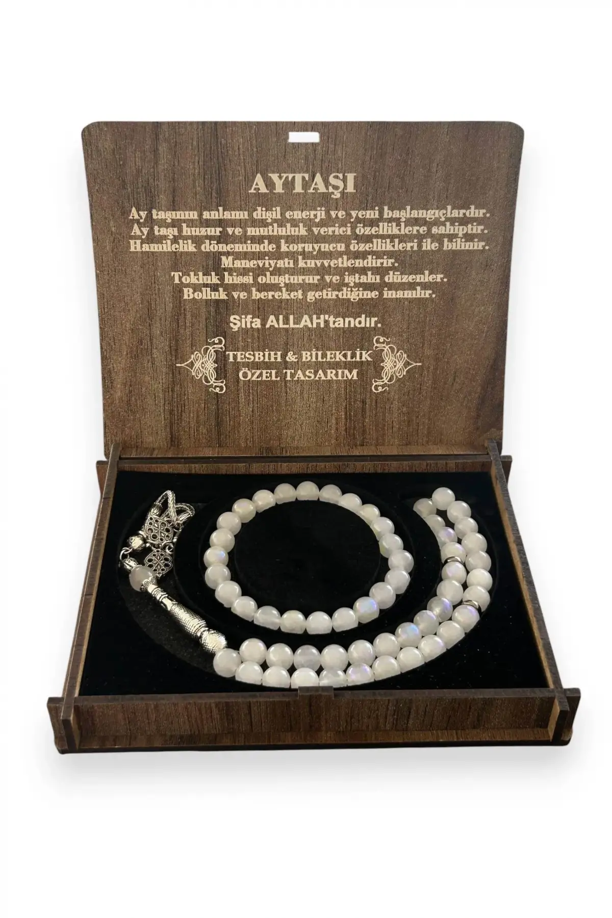 Ahşap Kutuda Ay Taşı Seti Tesbih / Bileklik
