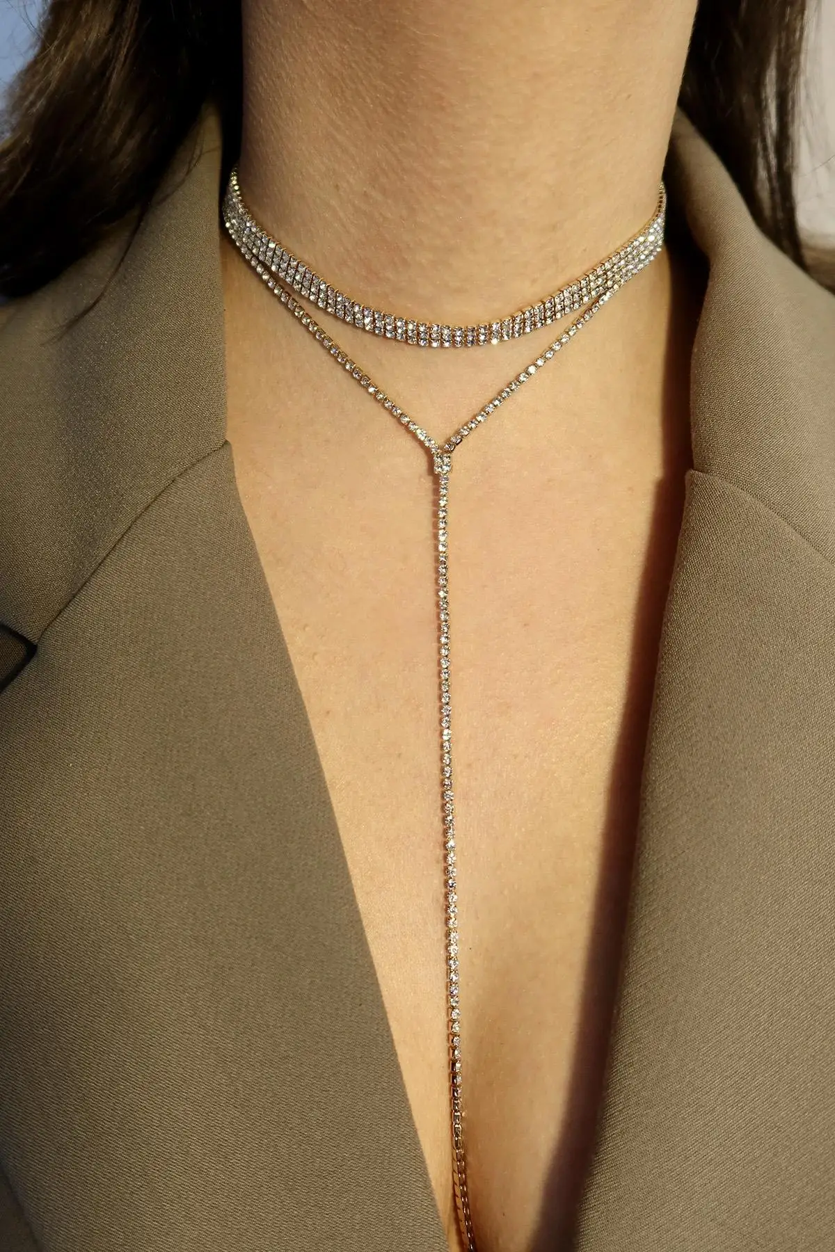 Altın Renk 3 Sıra Taş Detaylı Choker Kolye/ Vücut Aksesuarı