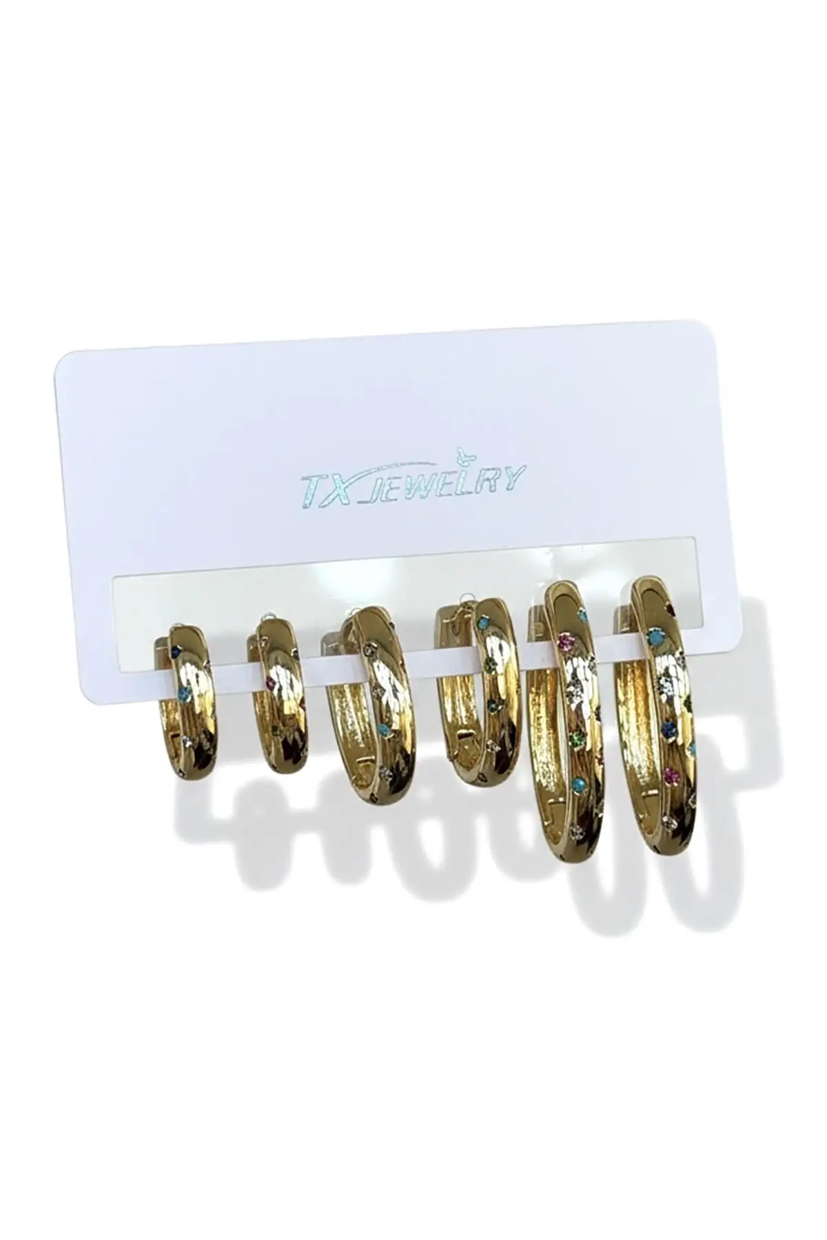 Altın Renk 6lı Taş Detaylı TX 14K Altın Kaplama Küpe Set