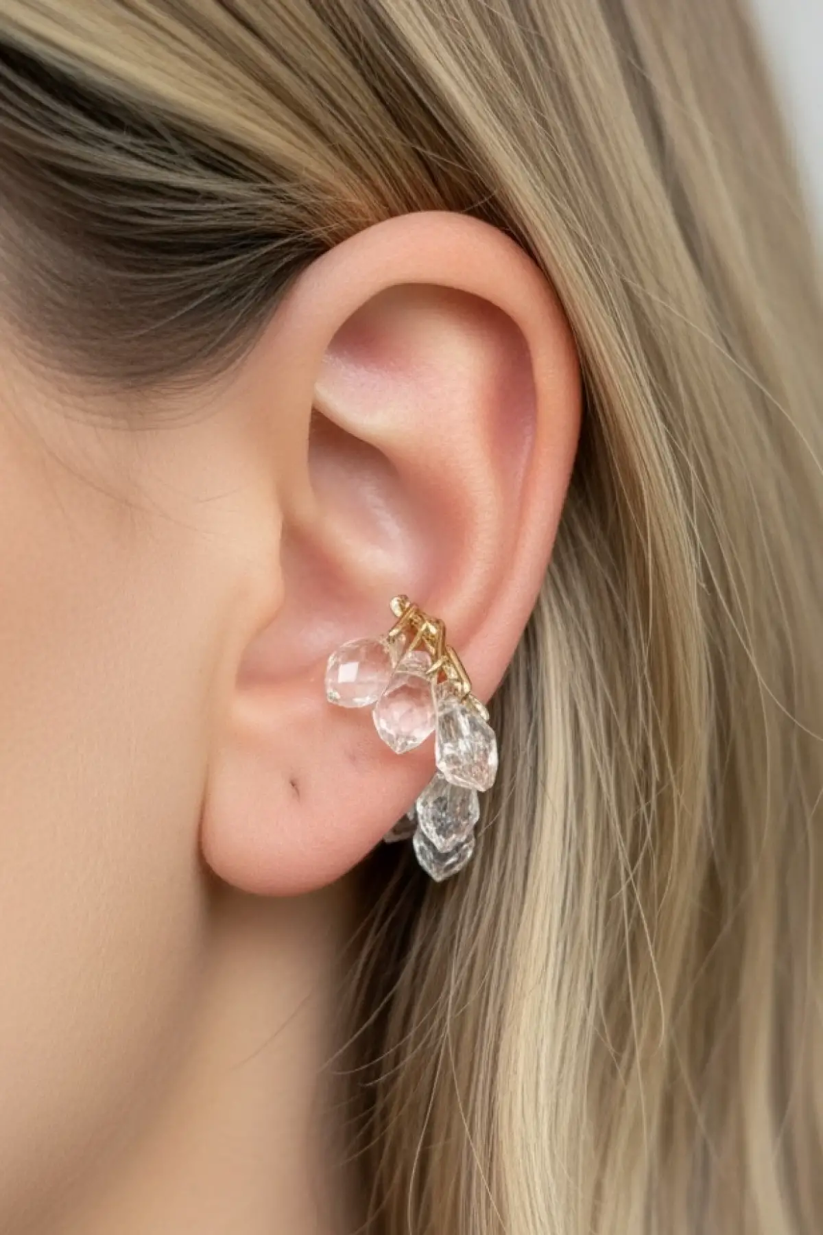 Altın Renk Boncuk Detaylı 14K Altın Kalpama TX Ear Cuff (Tek)