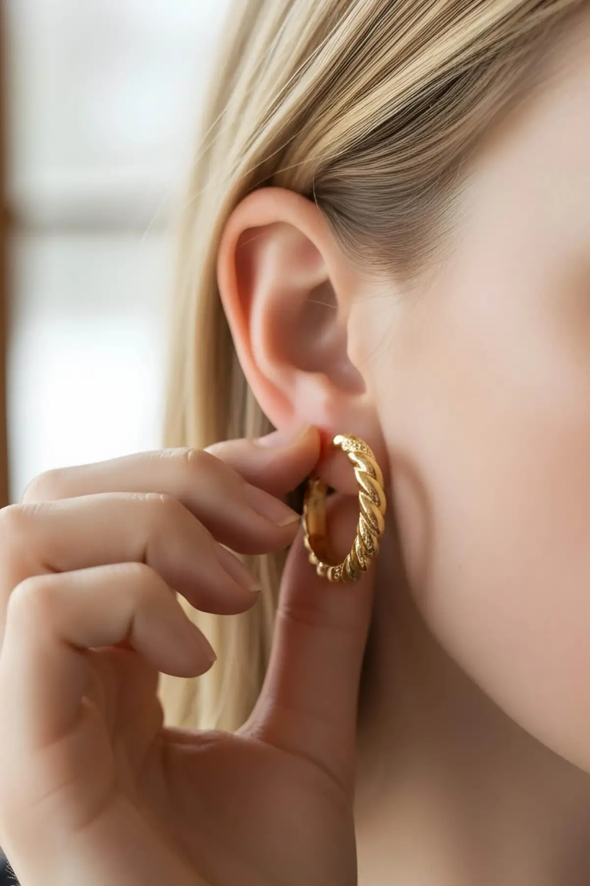 Altın Renk Burgu Detaylı Halka Küpe (Çift)