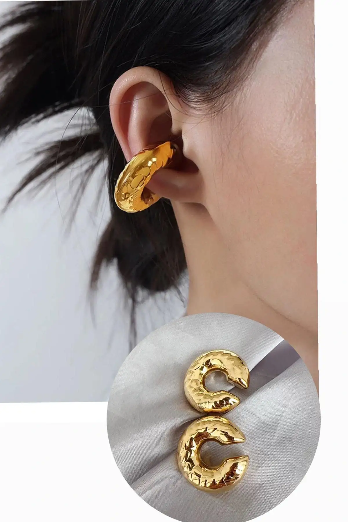 Altın Renk Çelik Ear Cuff (Çift)