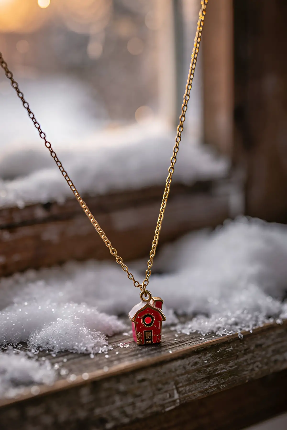 Altın Renk Ev Figürlü Çelik Yılbaşı Kolyesi