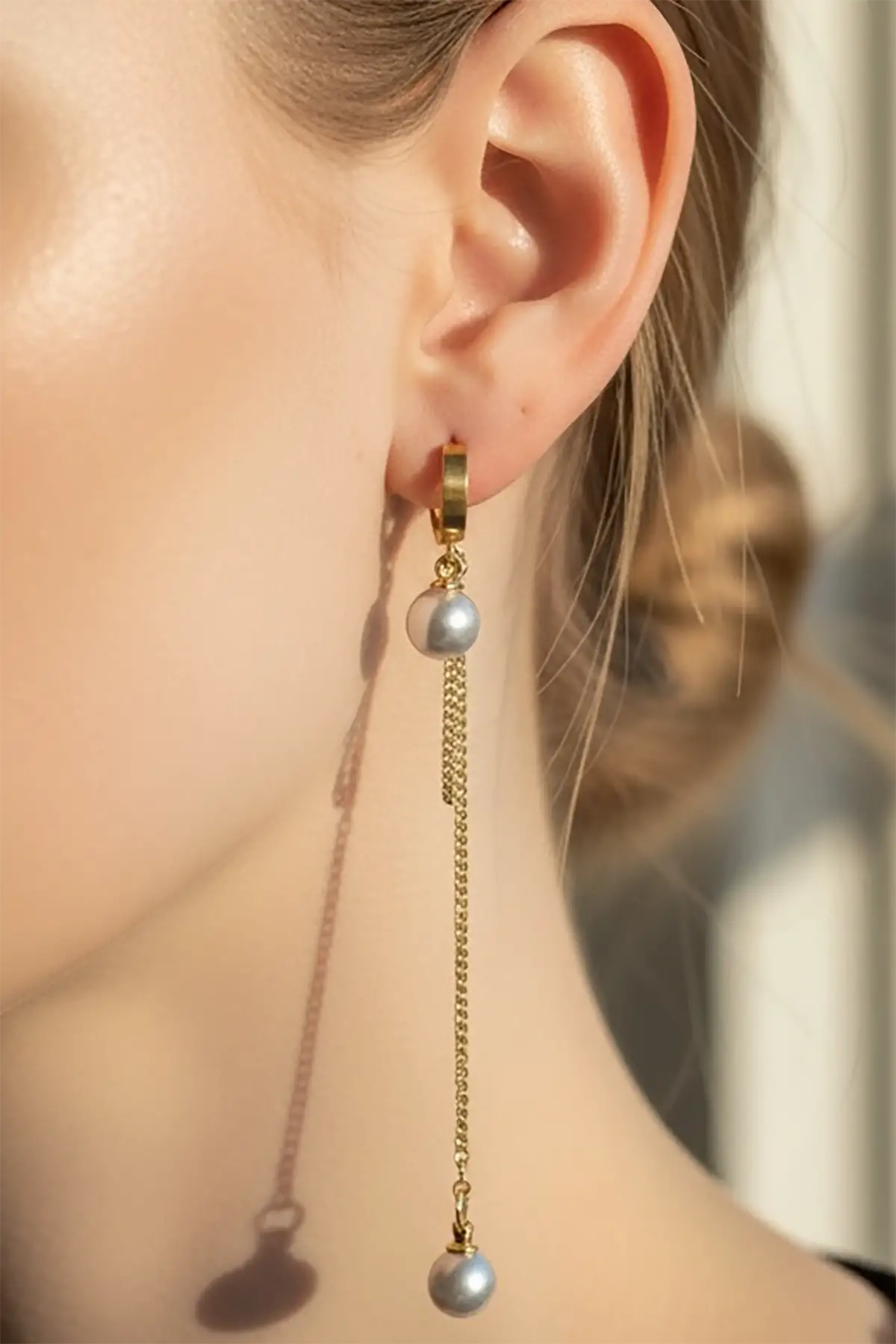 Altın Renk İnci Detaylı  Çelik Küpe (Çift)