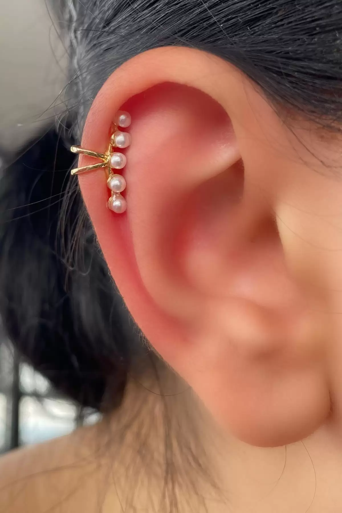 Altın Renk İnci Detaylı Ear Cuff Küpe (Tek)