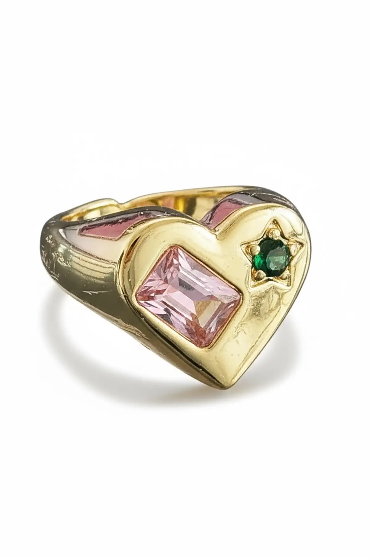 Altın Renk Kalp Figürlü Taş Detaylı Ayarlanabilir Yüzük