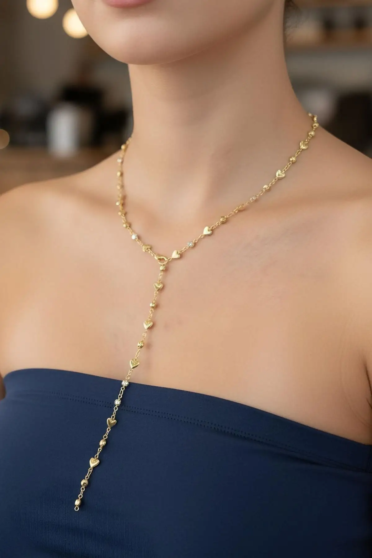 Altın Renk Kalp Figürlü Taş Detaylı Çelik Y Kolye