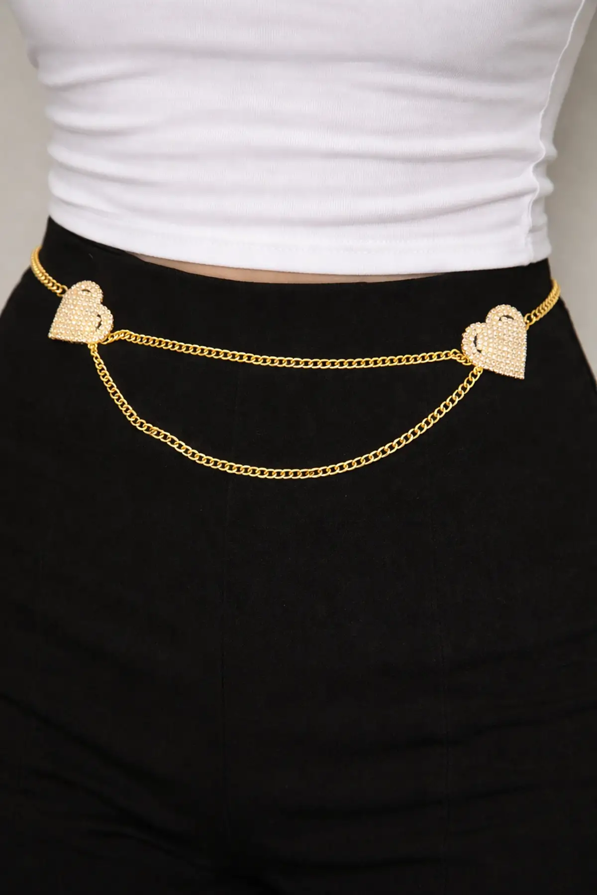 Altın Renk Kalp Figürlü Taş Detaylı Tasarım Bel Zinciri/Vücut Aksesuar