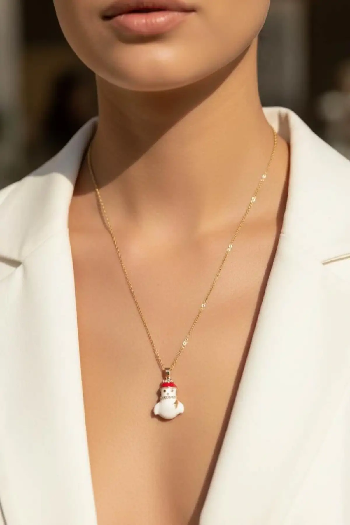 Altın Renk Kardan Adam Figürlü Çelik Yılbaşı Kolyesi