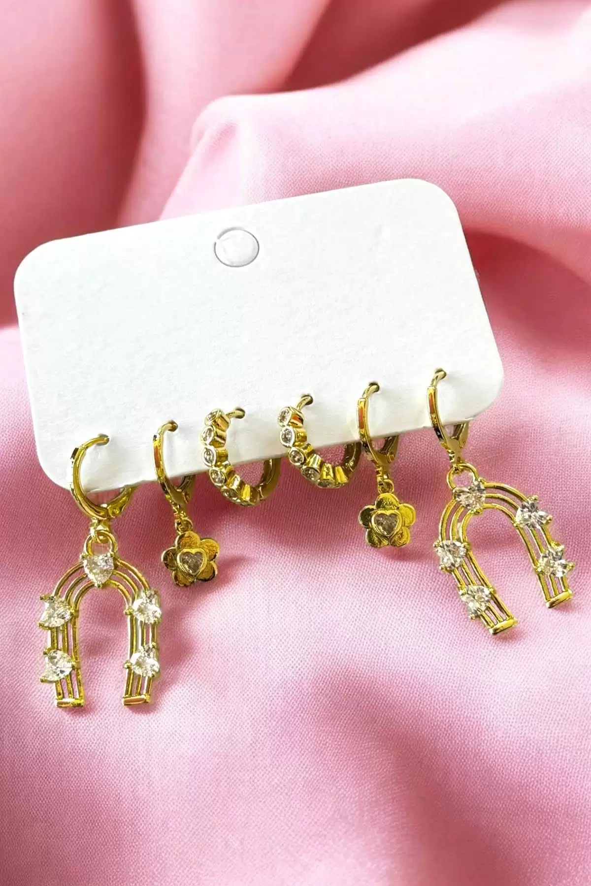 Altın Renk Karışık Figürlü Taş Detaylı 6lı Küpe Set