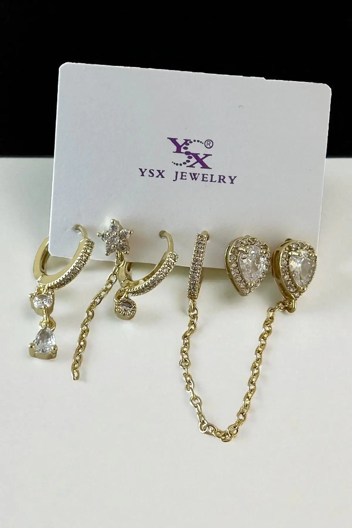 Altın Renk Karışık Figürlü Taş Detaylı 6lı YSX Küpe Set