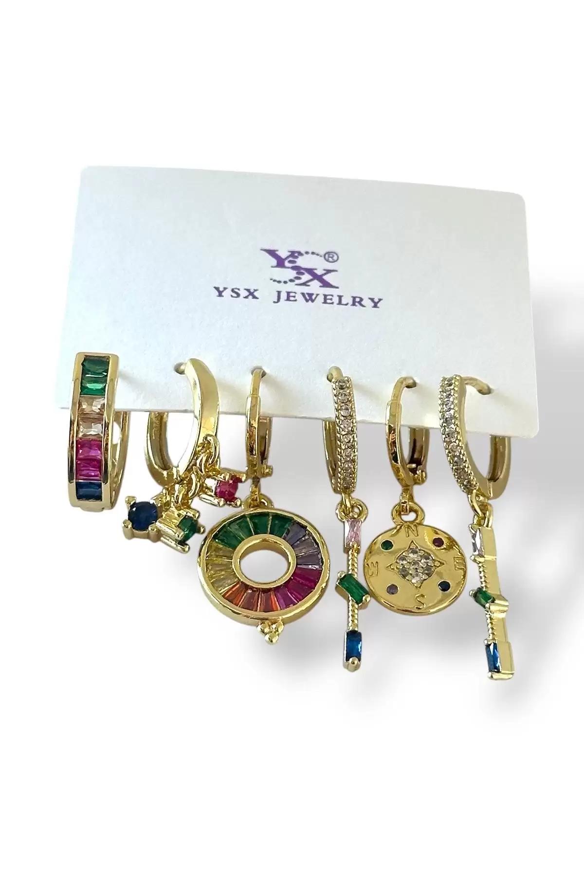 Altın Renk Karışık Figürlü Taş Detaylı 6lı YSX Küpe Set