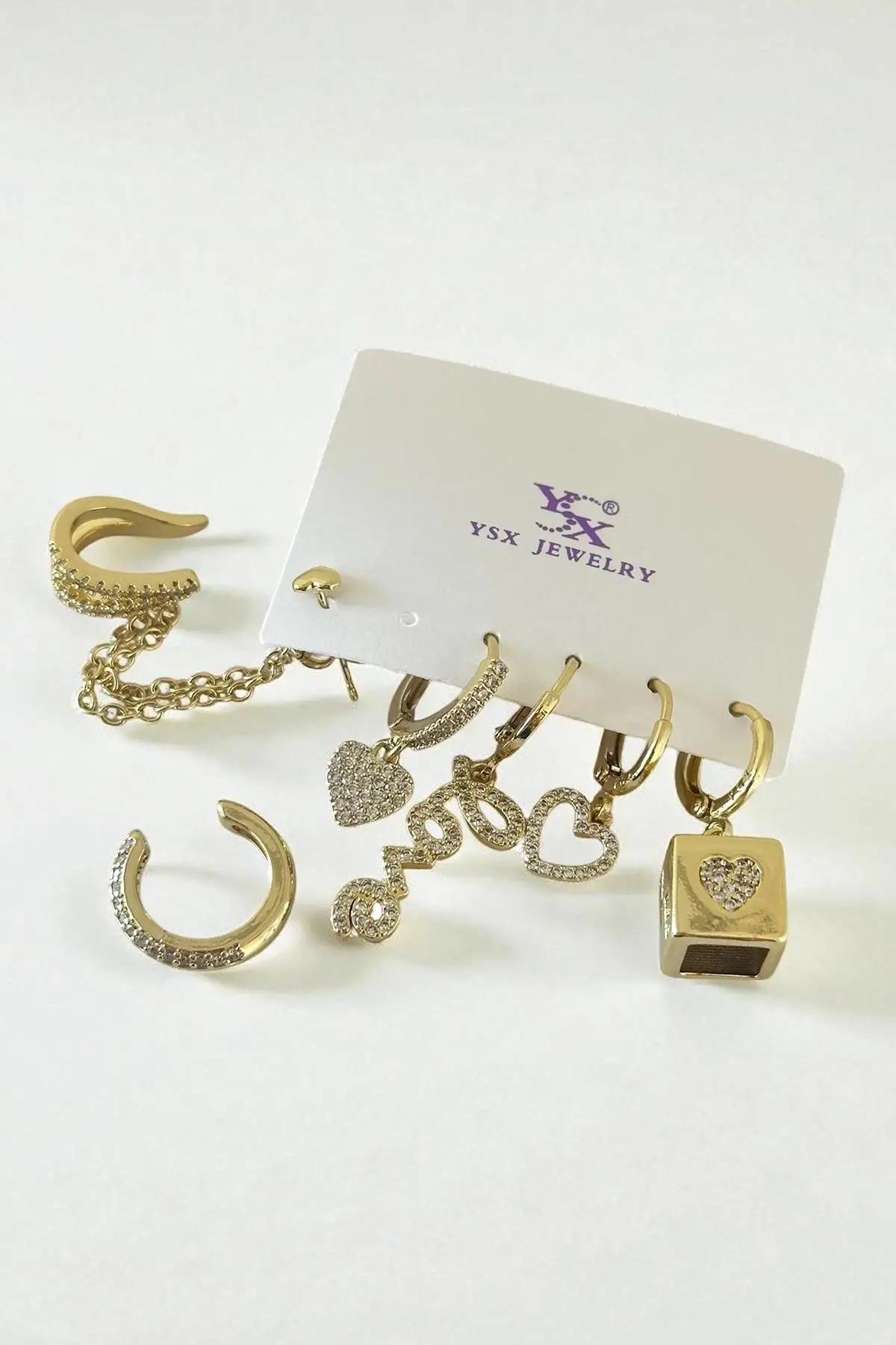 Altın Renk Karışık Figürlü Taş Detaylı 6lı YSX Küpe Set
