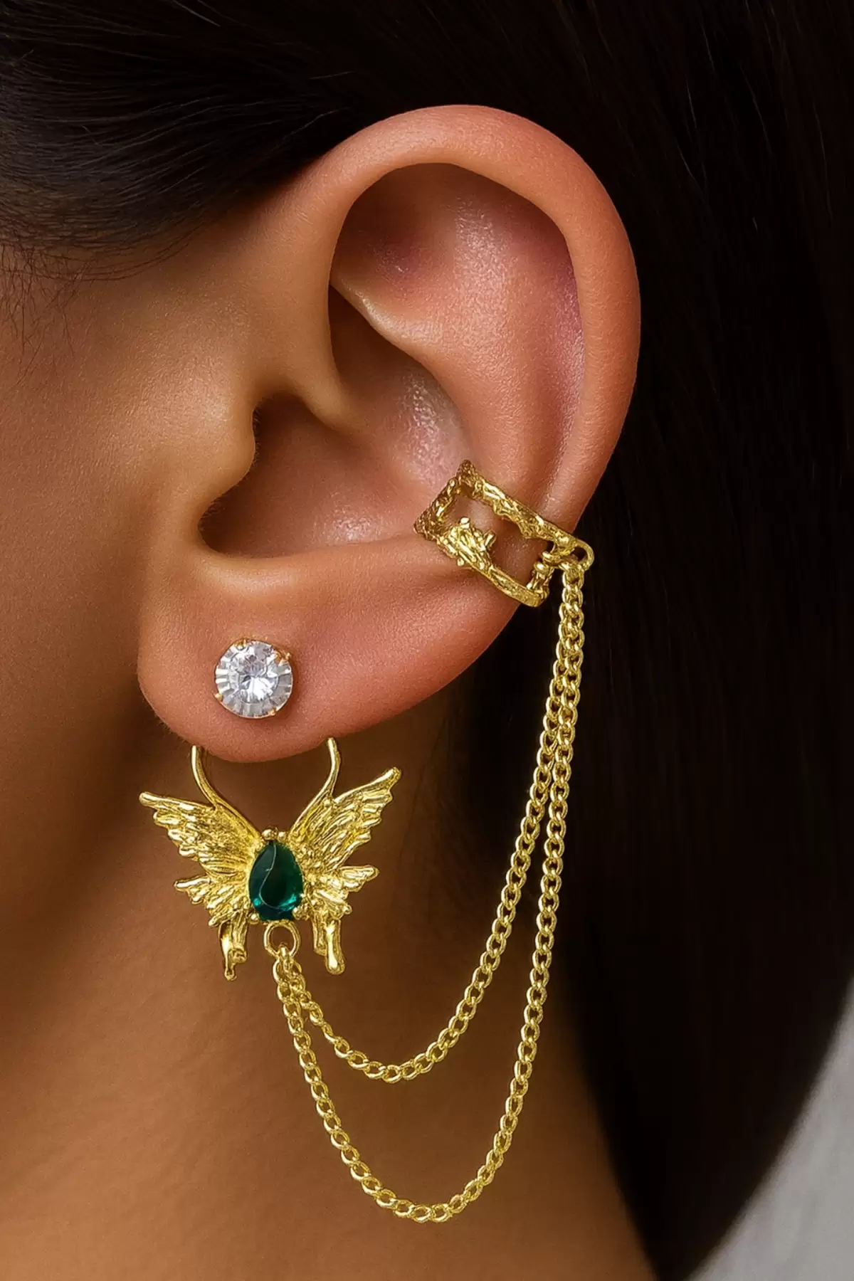 Altın Renk Kelebek Figürlü Taş Detaylı Ear Cuff Küpe Set