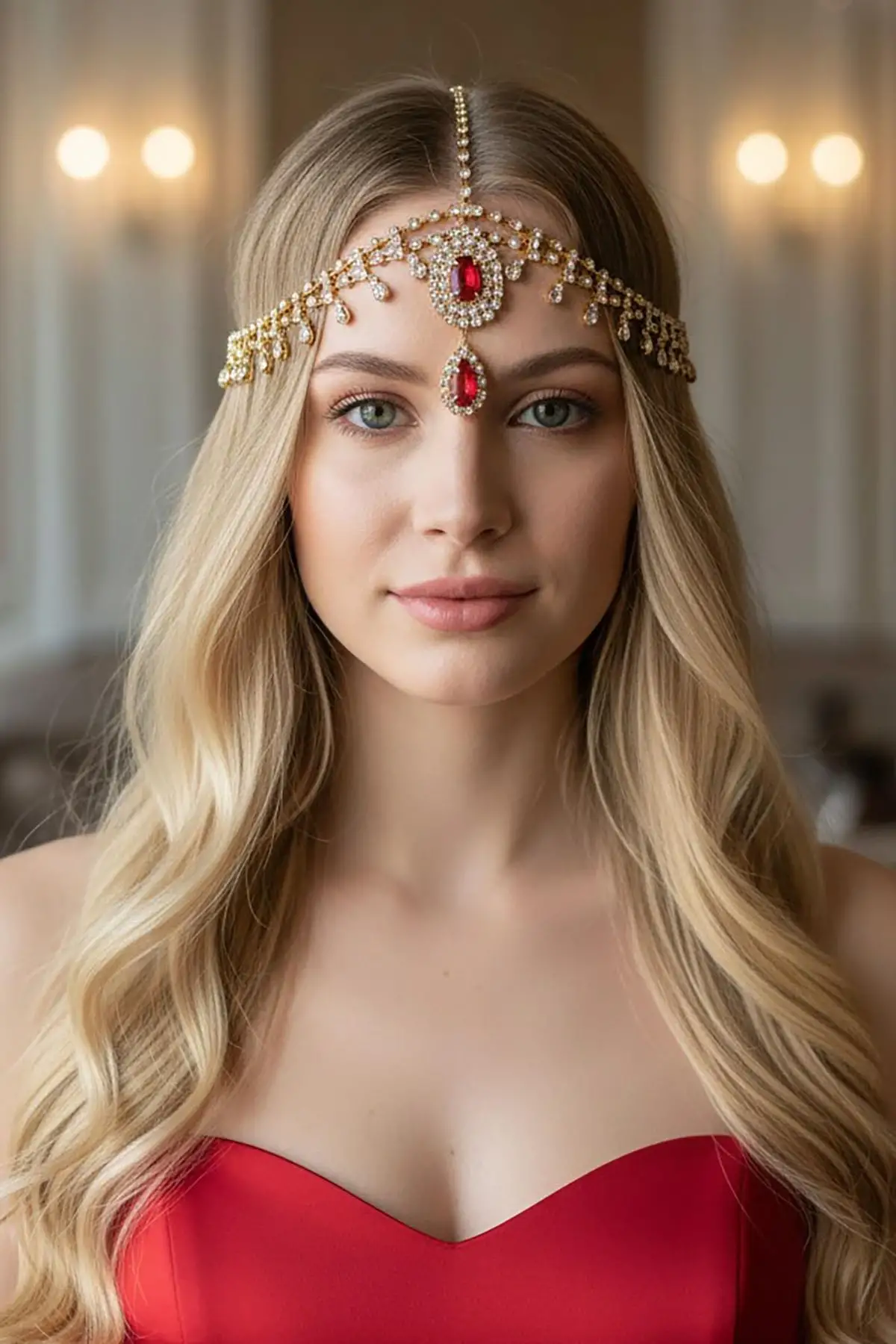 Altın Renk Kırmızı Taş Detaylı Alınlık/Kına Aksesuarı