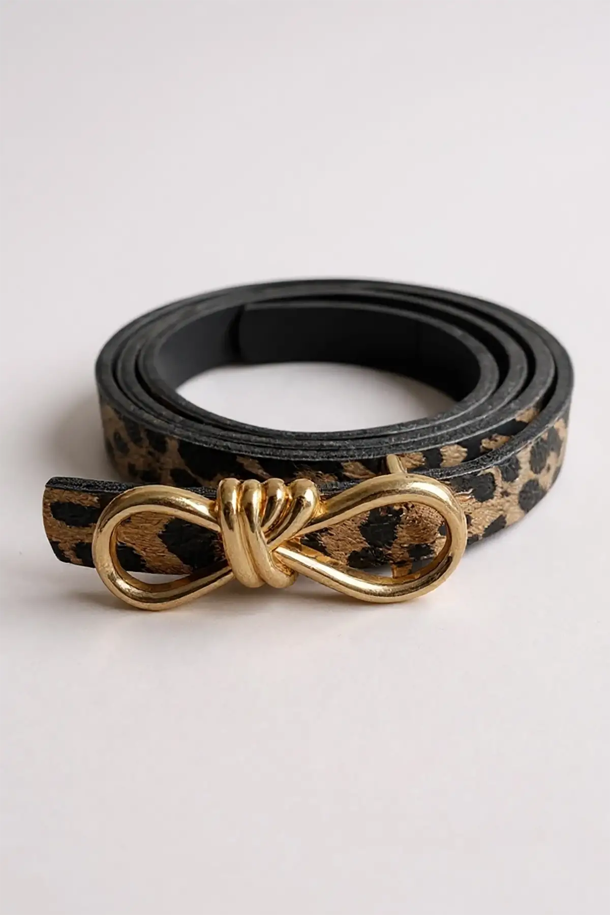Altın Renk Leopar Desenli Kadın Deri Kemer
