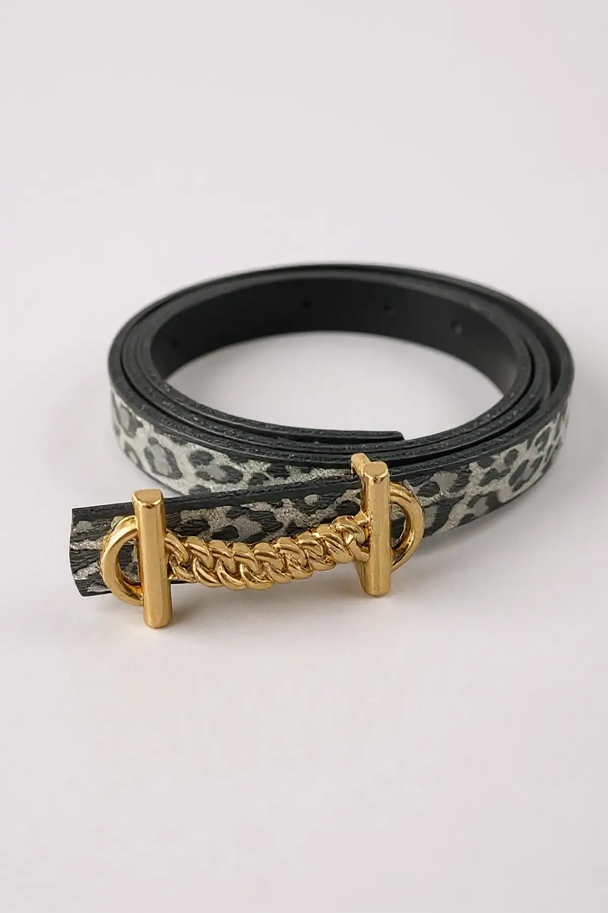 Altın Renk Leopar Desenli Kadın Deri Kemer