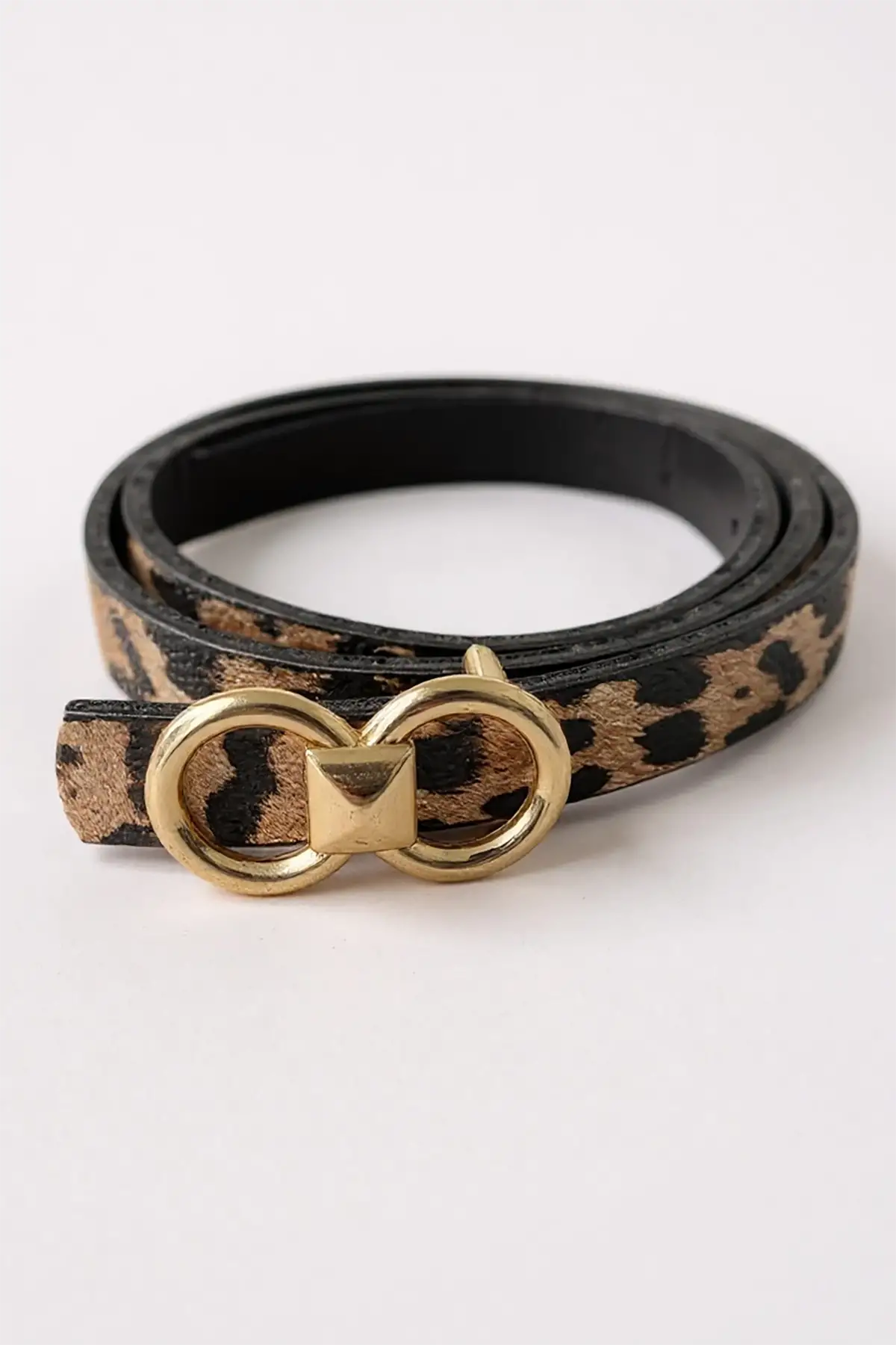 Altın Renk Leopar Desenli Kadın Deri Kemer