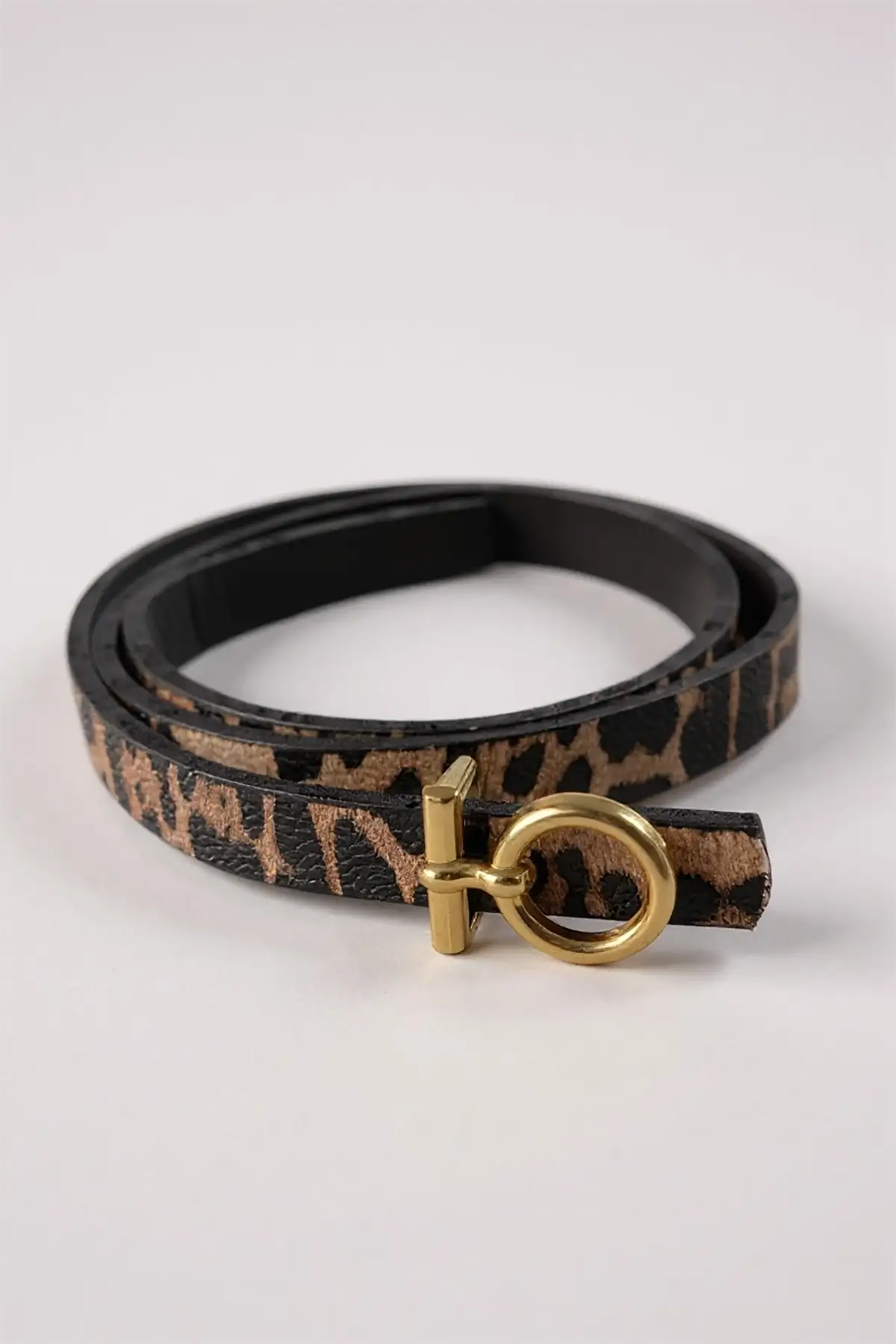 Altın Renk Leopar Desenli Kadın Deri Kemer