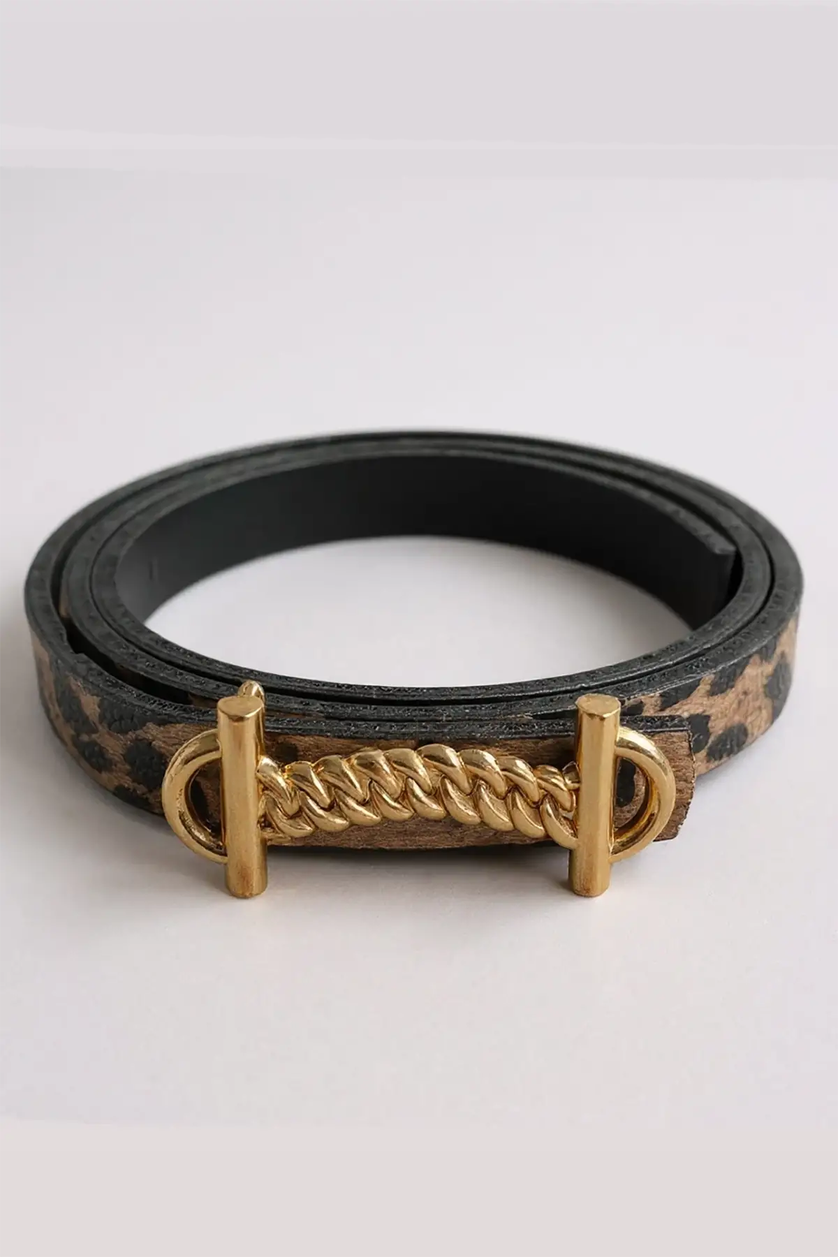 Altın Renk Leopar Desenli Kadın Deri Kemer